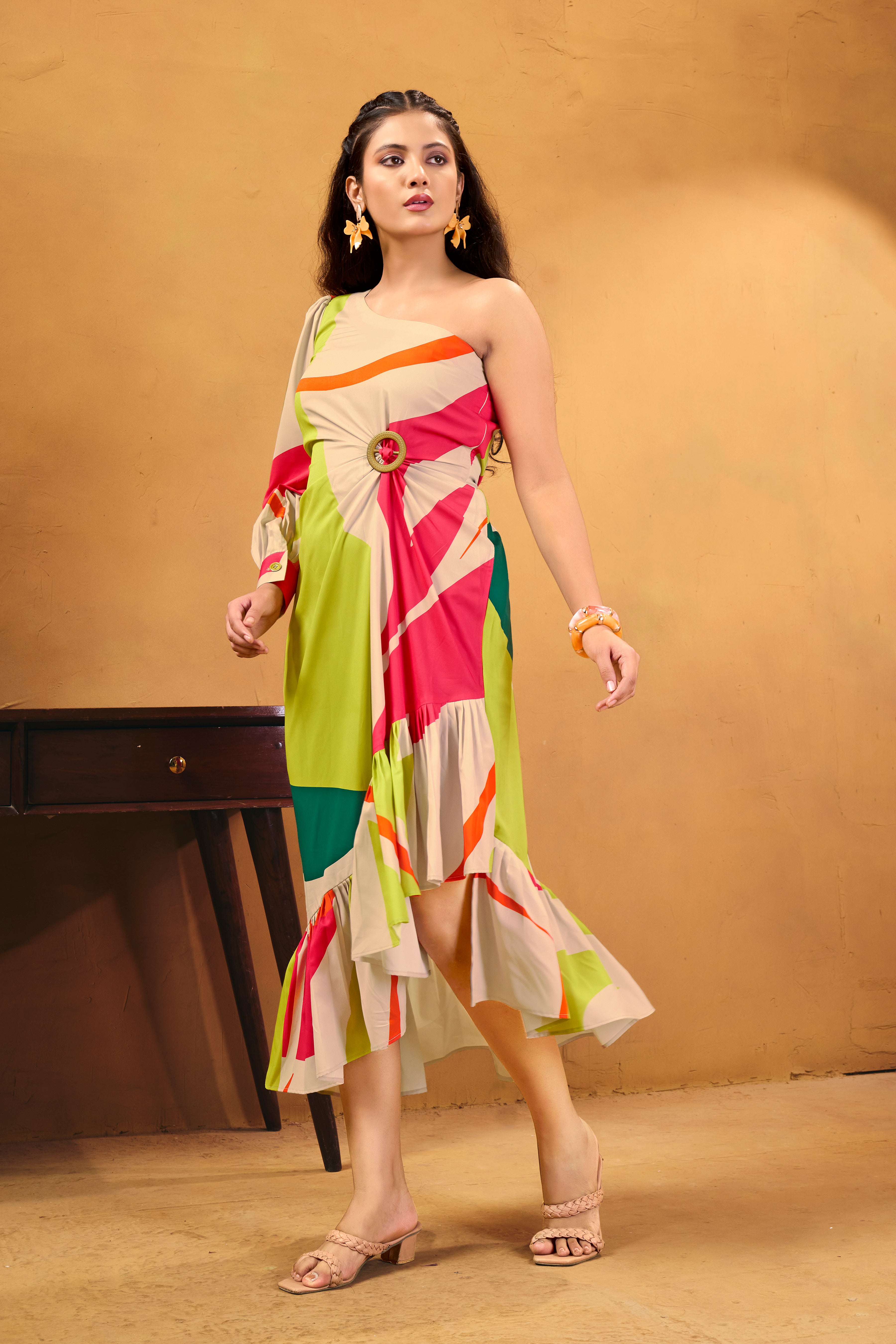 Mosaic Muse Abstract Print One-Shoulder Crepe Midi Dress