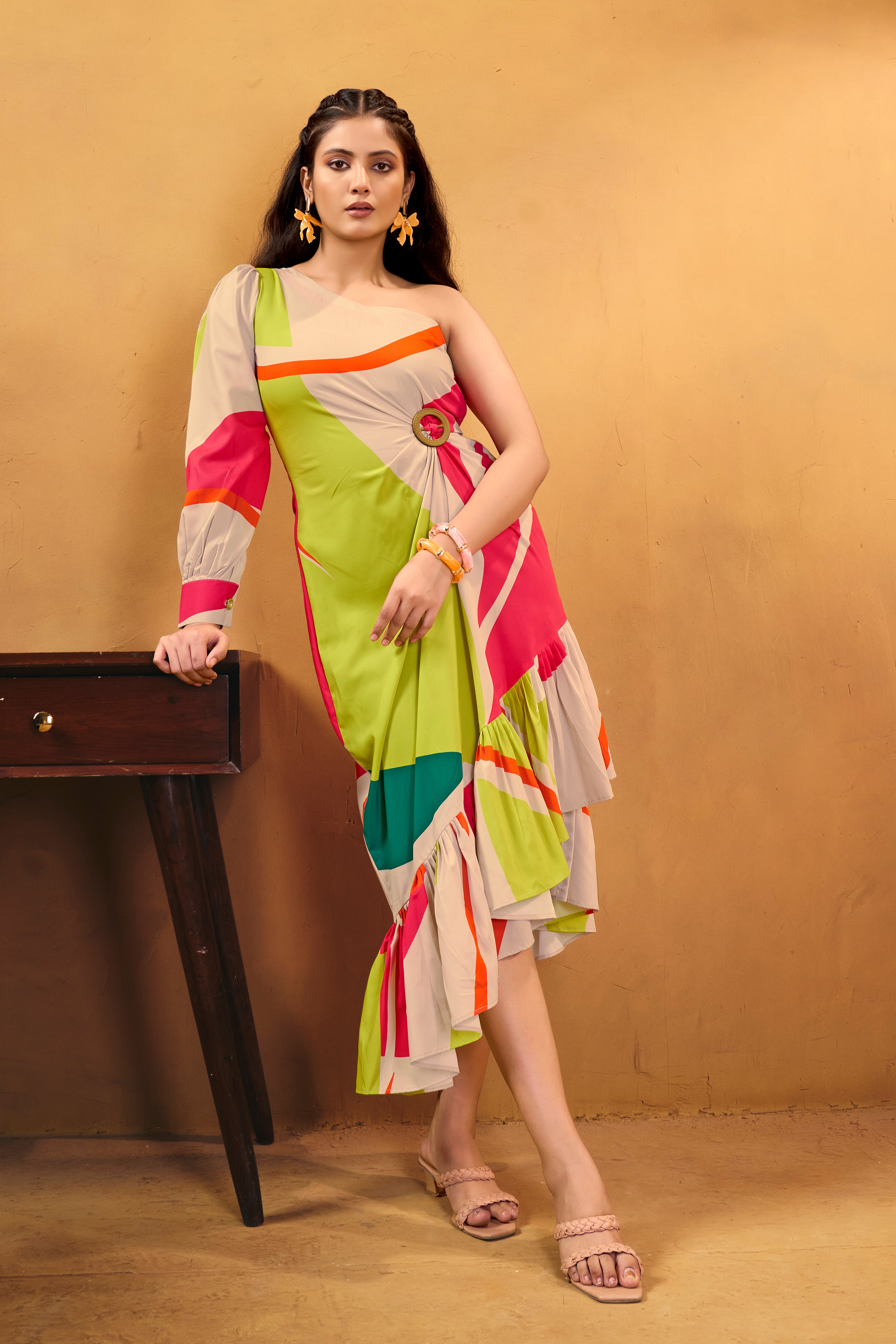 Mosaic Muse Abstract Print One-Shoulder Crepe Midi Dress