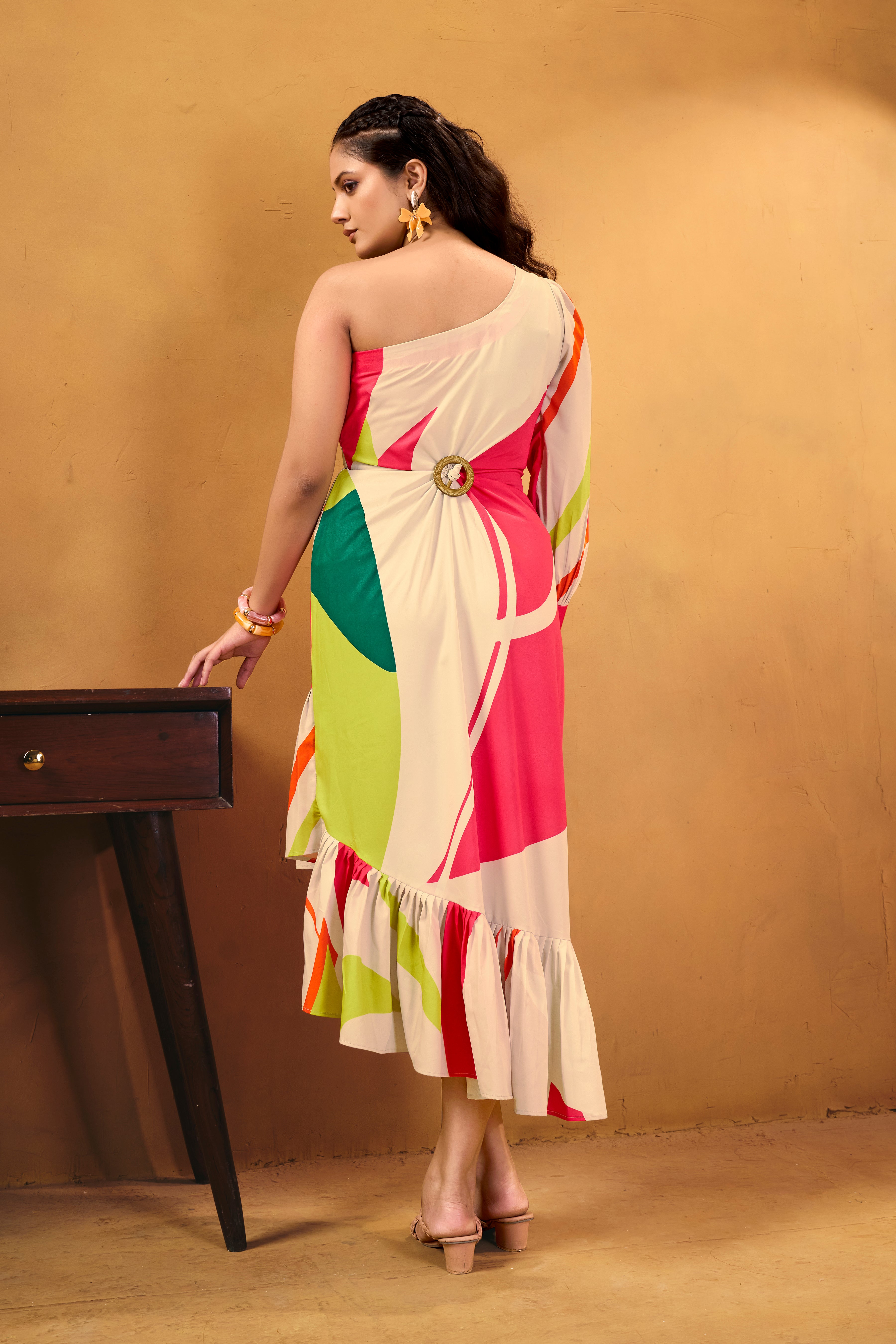Mosaic Muse Abstract Print One-Shoulder Crepe Midi Dress