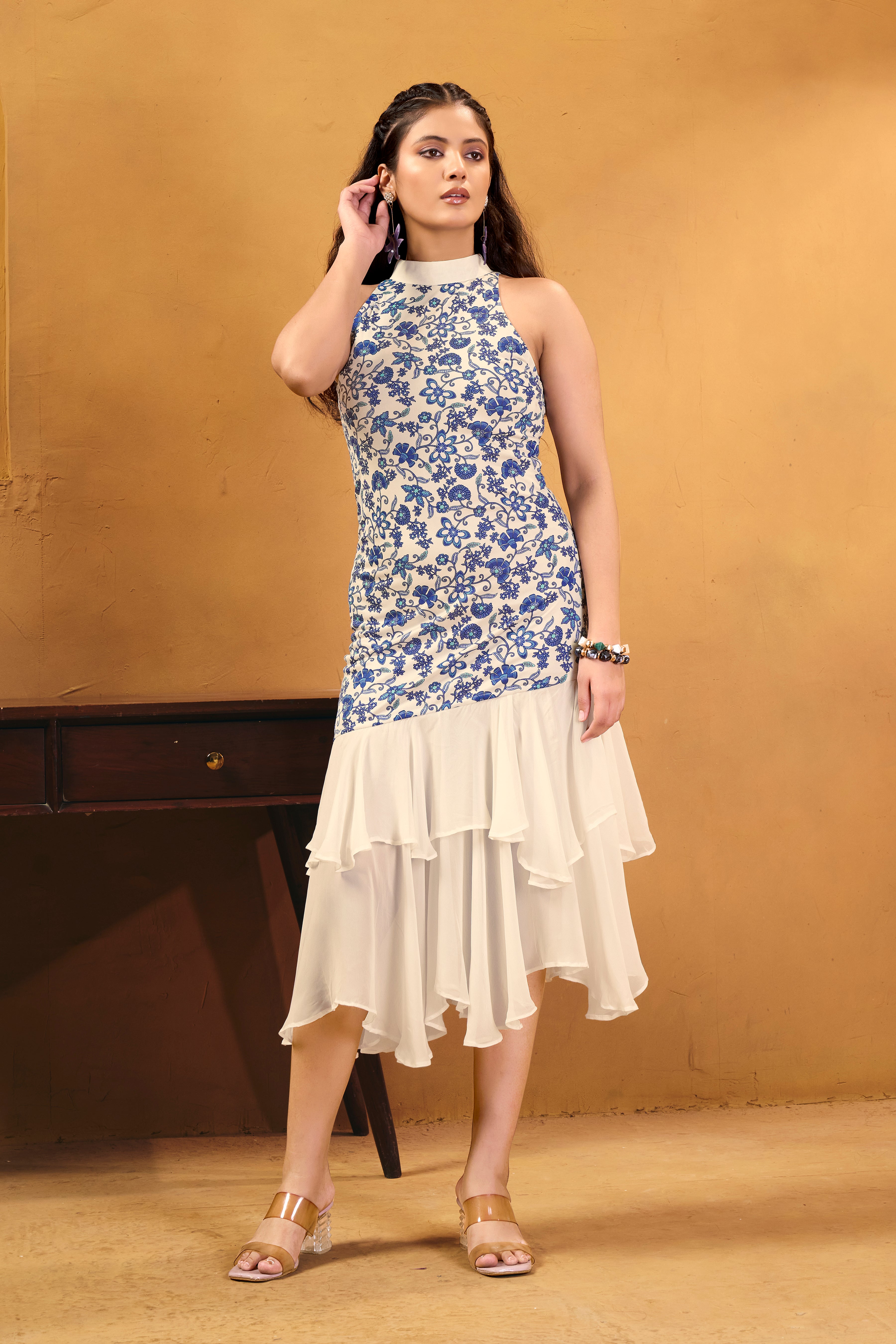 Indigo Bloom Blue Floral Halter Midi Dress with Ruffle Hem