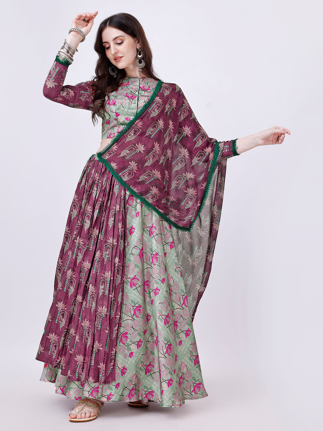 Sea Green & Brown Designer Chaniya Choli Set