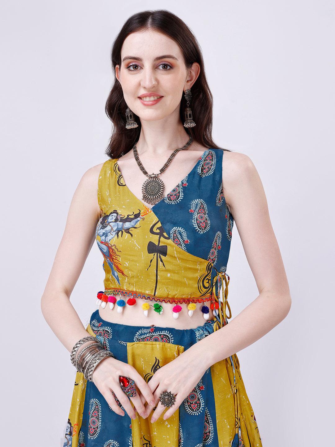 Yellow and Teal Blue Designer Chaniya Choli for Navratri - Pure Muslin