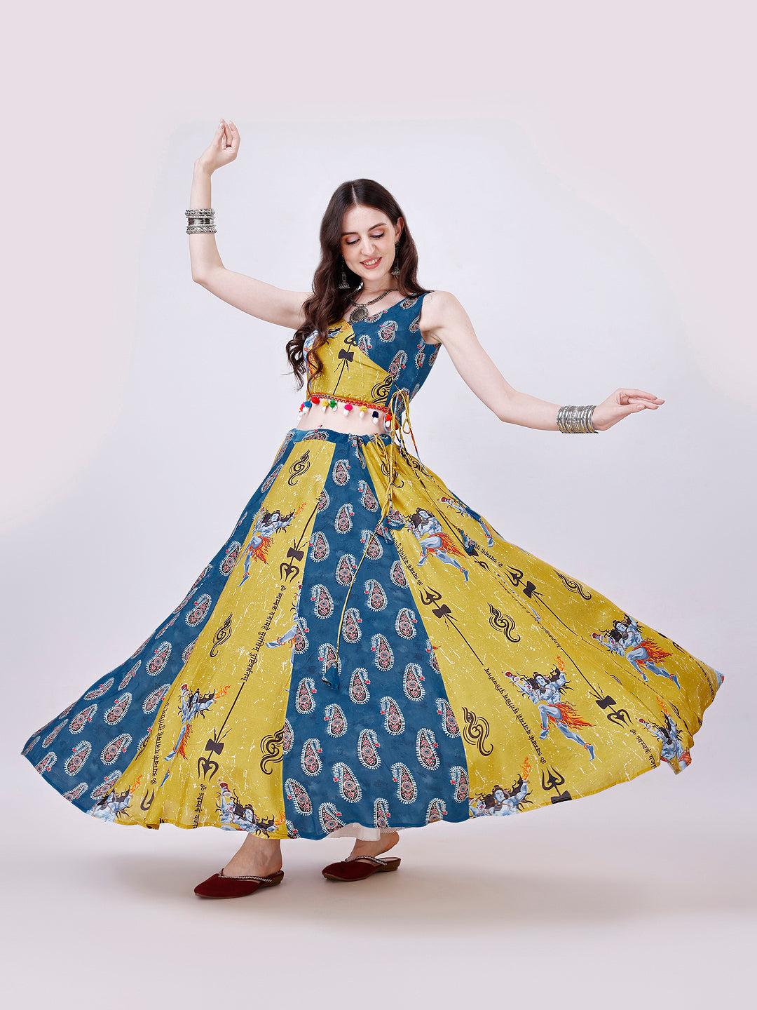 Yellow and Teal Blue Designer Chaniya Choli for Navratri - Pure Muslin