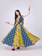 Yellow and Teal Blue Designer Chaniya Choli for Navratri - Pure Muslin