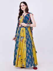 Yellow and Teal Blue Designer Chaniya Choli for Navratri - Pure Muslin