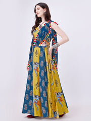 Yellow and Teal Blue Designer Chaniya Choli for Navratri - Pure Muslin