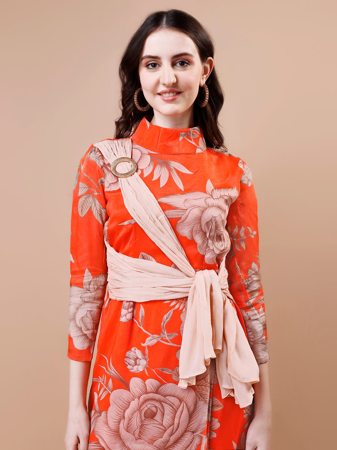 Orange One-Piece Dress - Viscose Chinon Chiffon