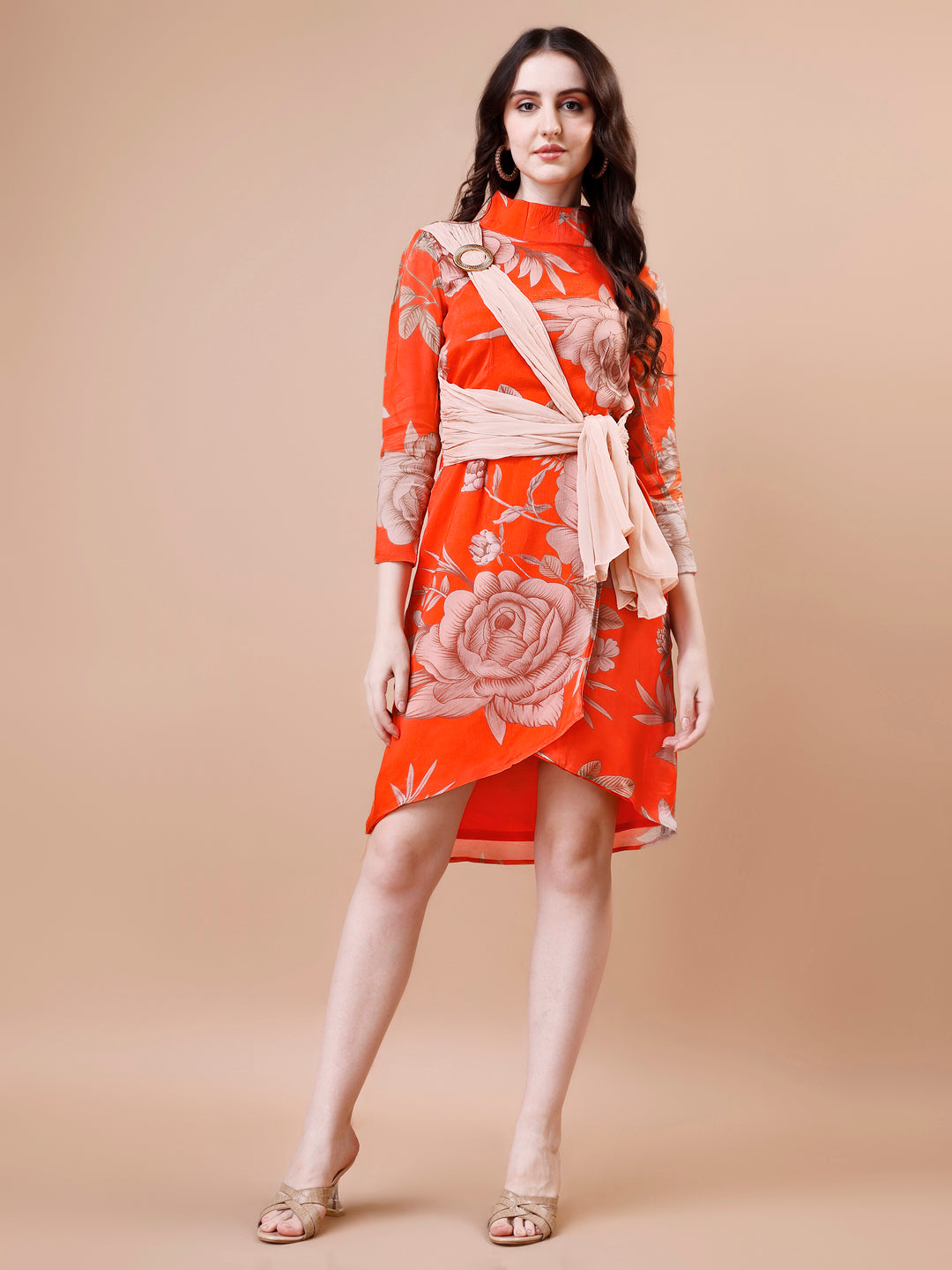 Orange One-Piece Dress - Viscose Chinon Chiffon