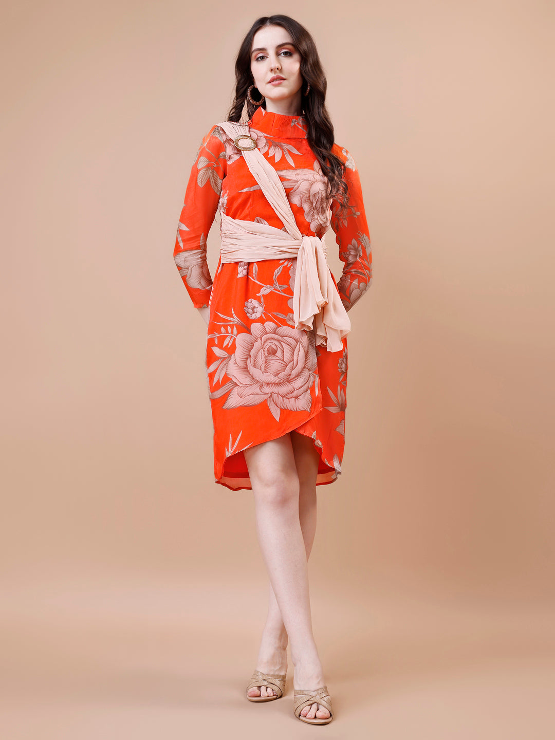 Orange One-Piece Dress - Viscose Chinon Chiffon