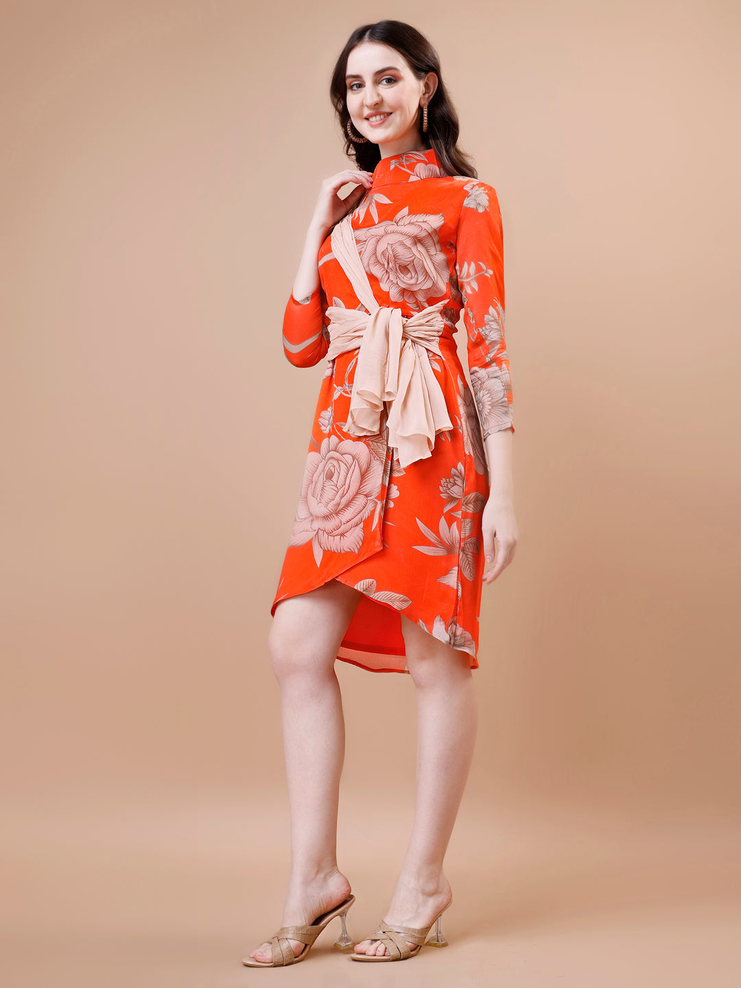 Orange One-Piece Dress - Viscose Chinon Chiffon