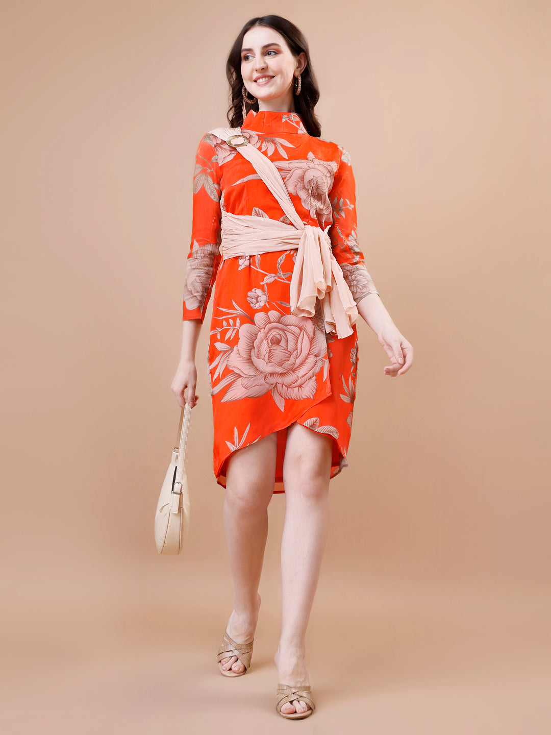 Orange One-Piece Dress - Viscose Chinon Chiffon