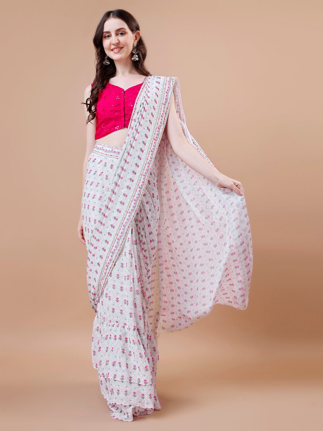 Pre Draped white and Pink Saree - Pure Georgette