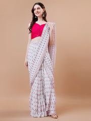 Pre Draped white and Pink Saree - Pure Georgette