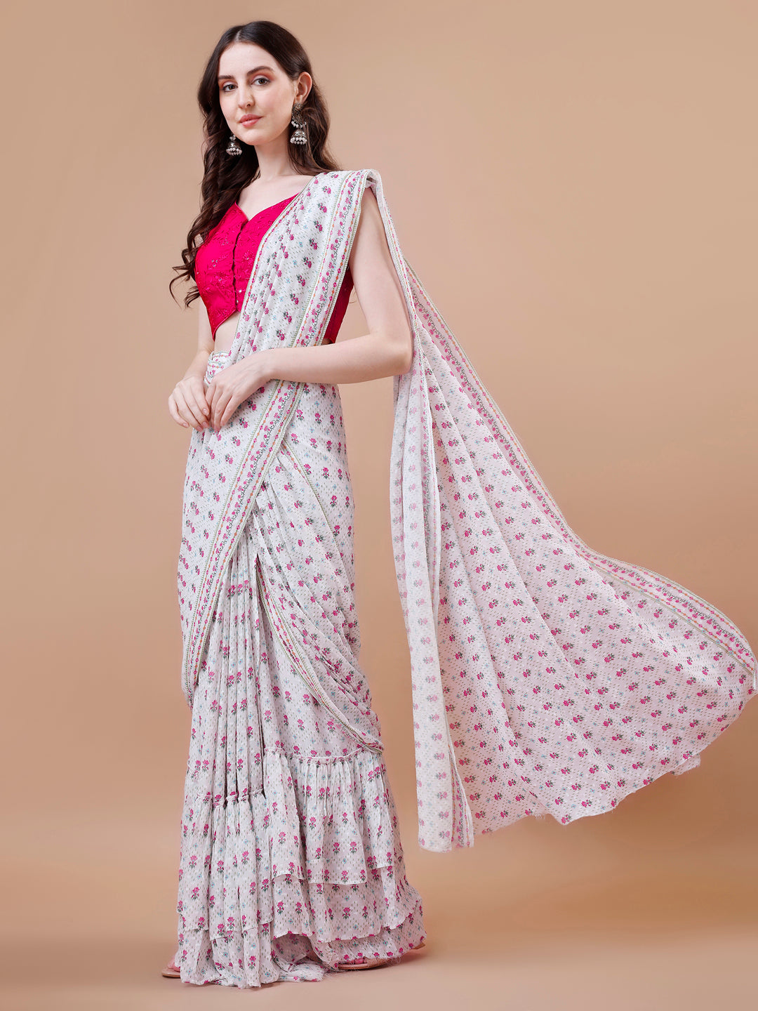 Pre Draped white and Pink Saree - Pure Georgette