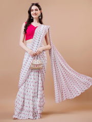 Pre Draped white and Pink Saree - Pure Georgette