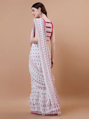 Pre Draped white and Pink Saree - Pure Georgette