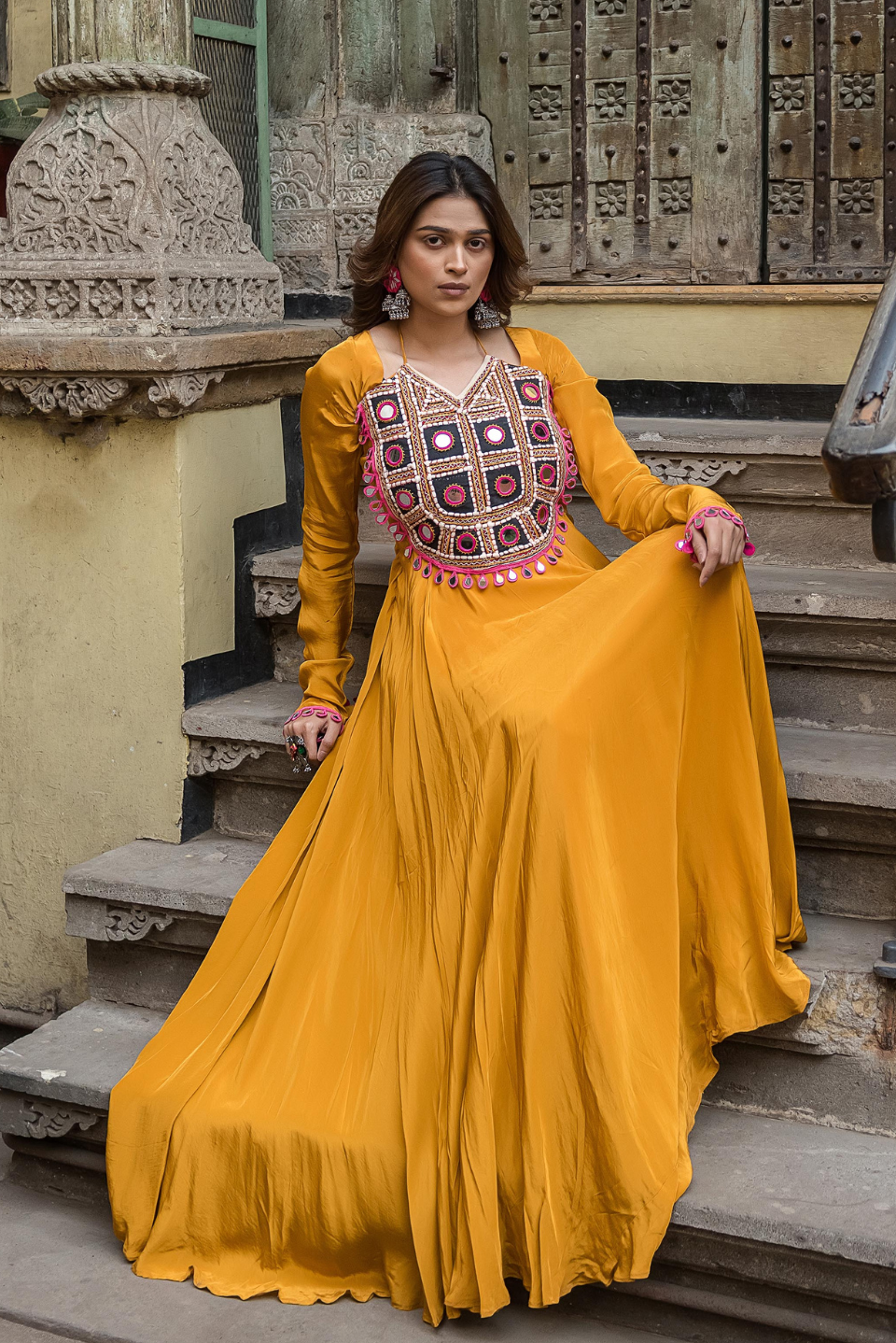 Haldi Kutch Mirror Work Anarkali Dress