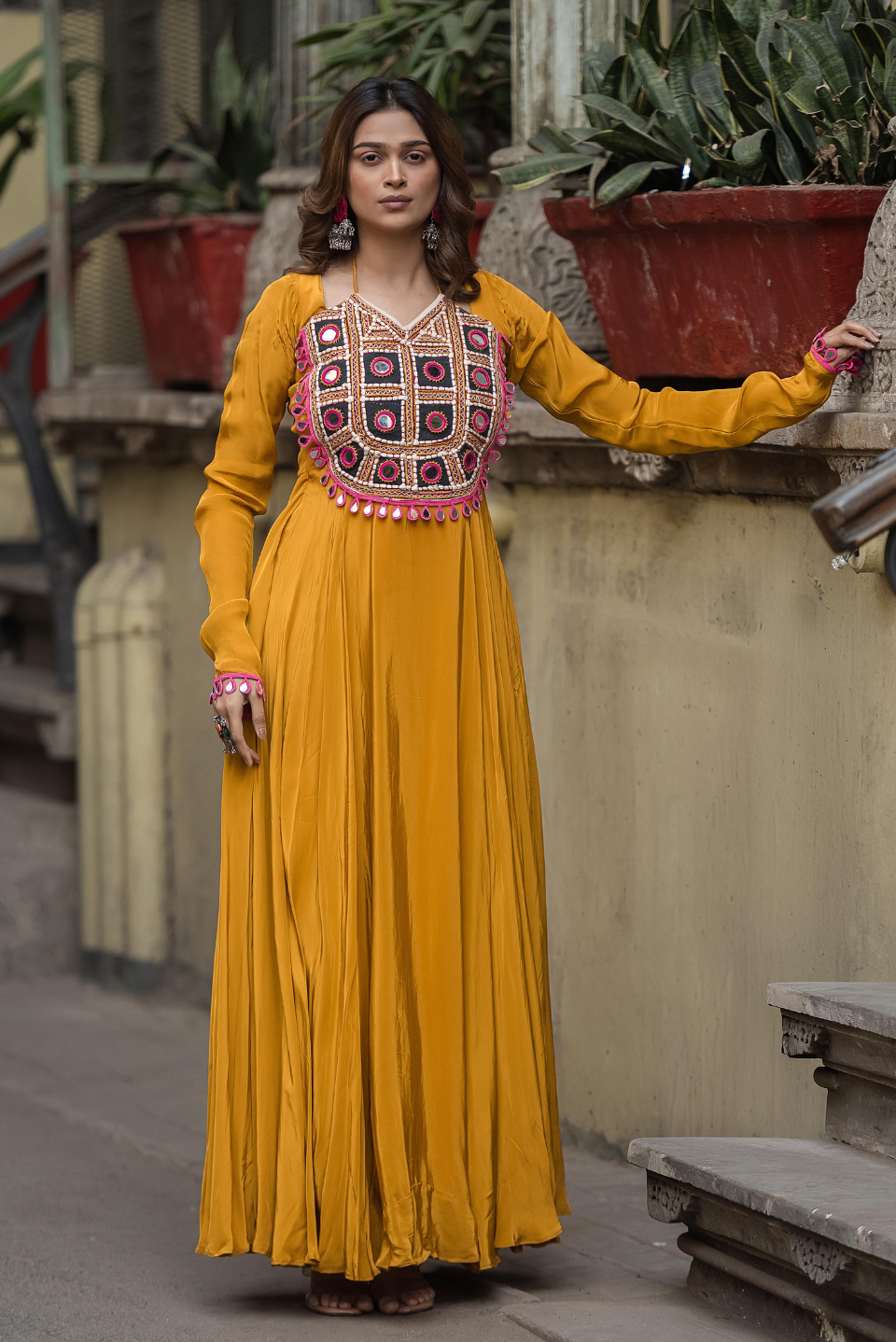 Haldi Kutch Mirror Work Anarkali Dress