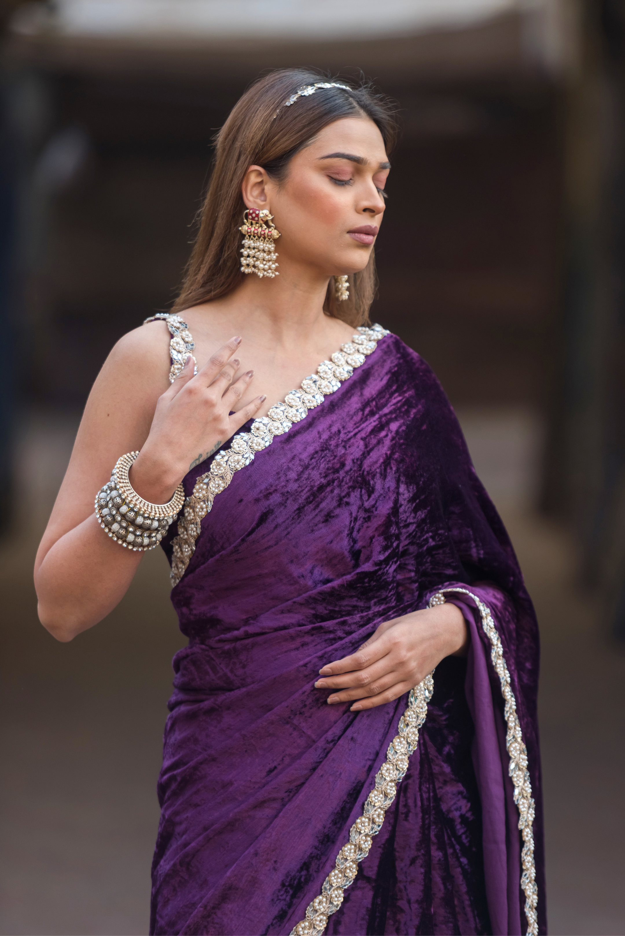 Amethyst Bloom Velvet Saree with Hand Embroidered Lace by Twam Sundara, view 2