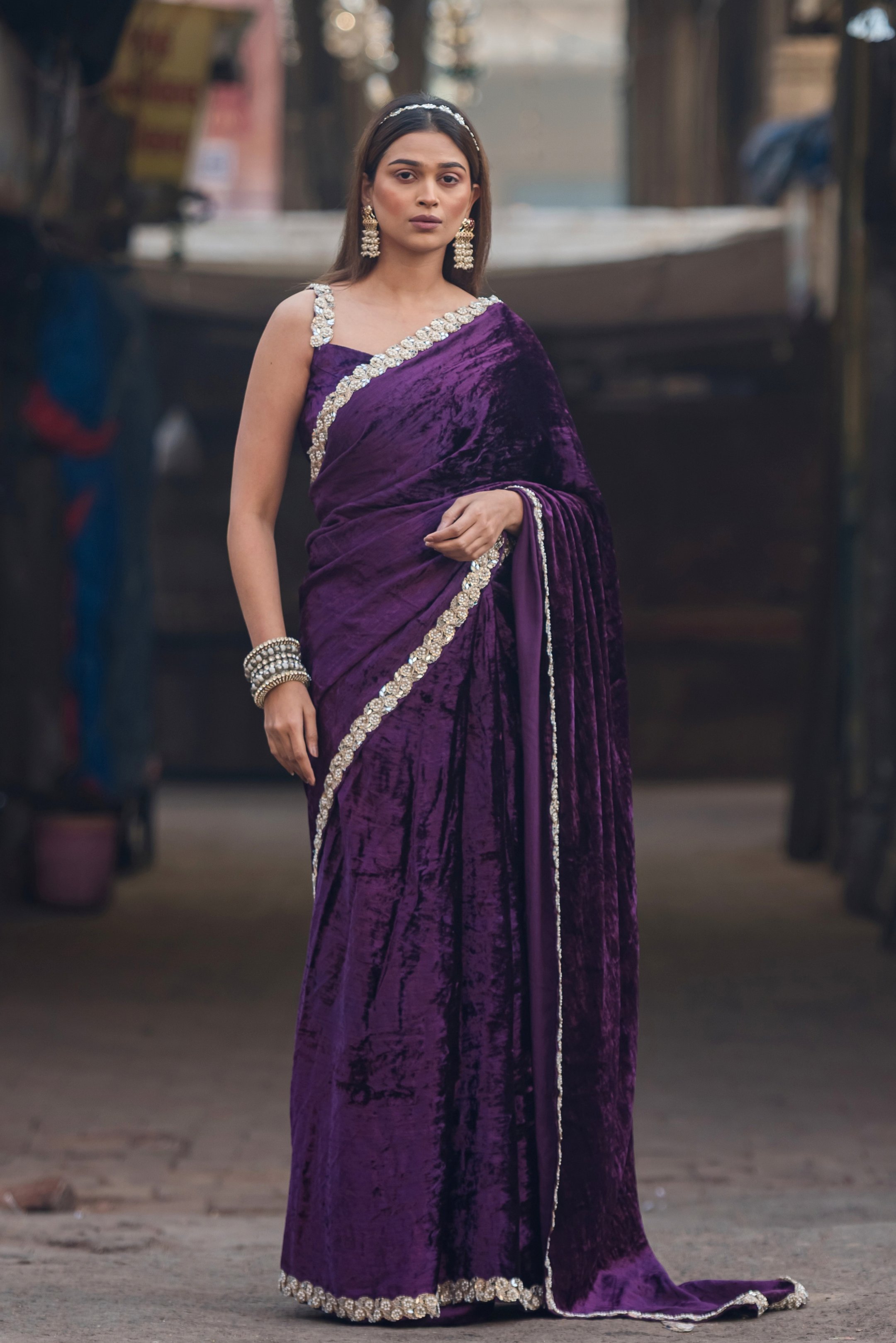 Amethyst Bloom Velvet Saree with Hand Embroidered Lace by Twam Sundara, view 5