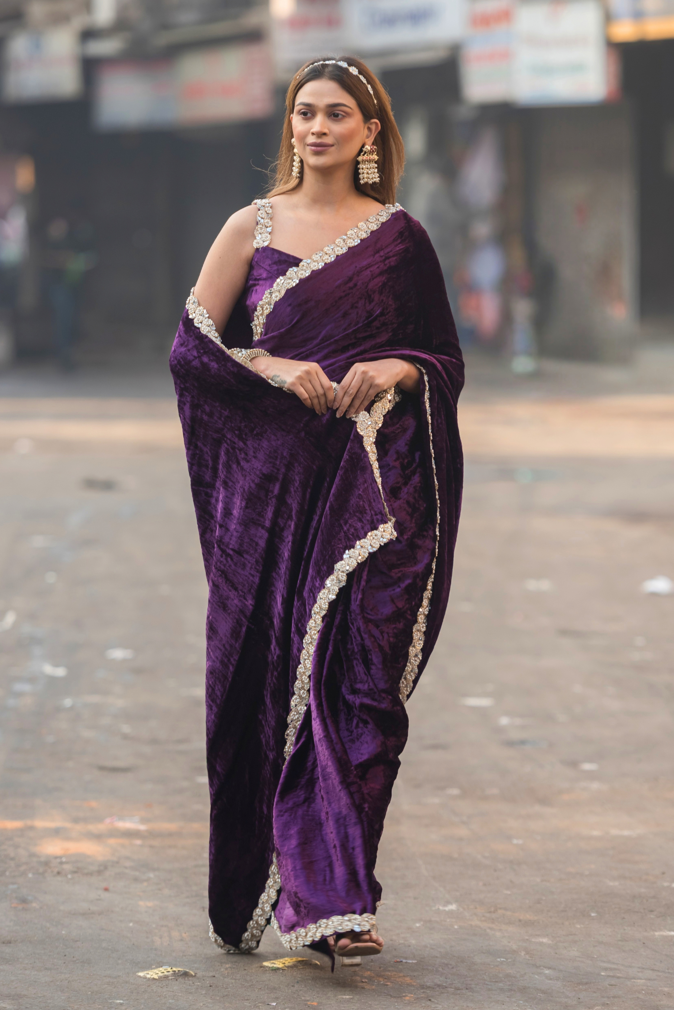 Amethyst Bloom Velvet Saree with Hand Embroidered Lace by Twam Sundara, view 7