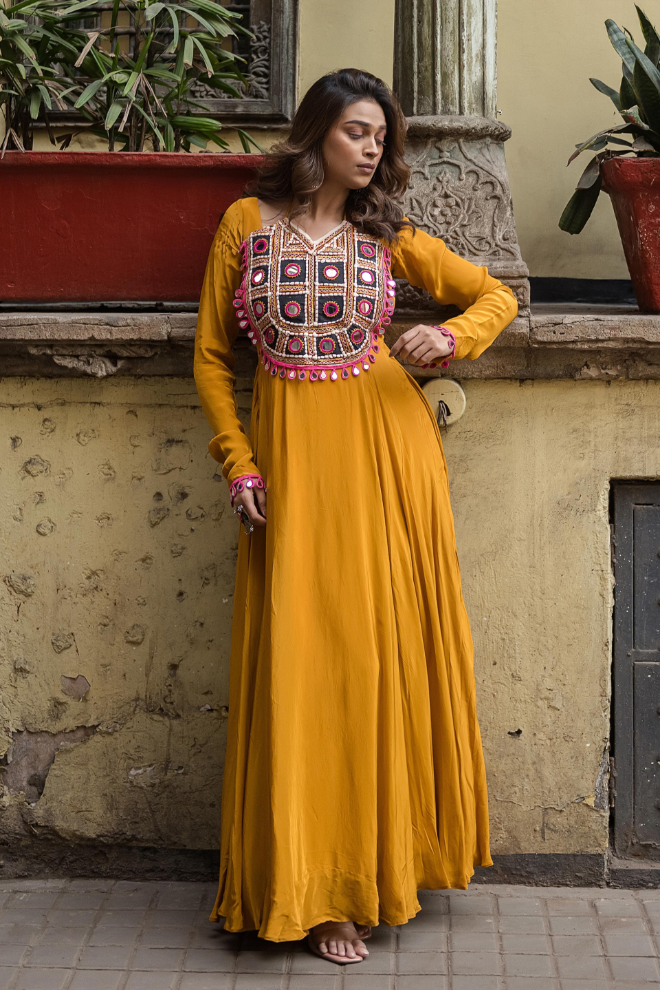 Haldi Kutch Mirror Work Anarkali Dress