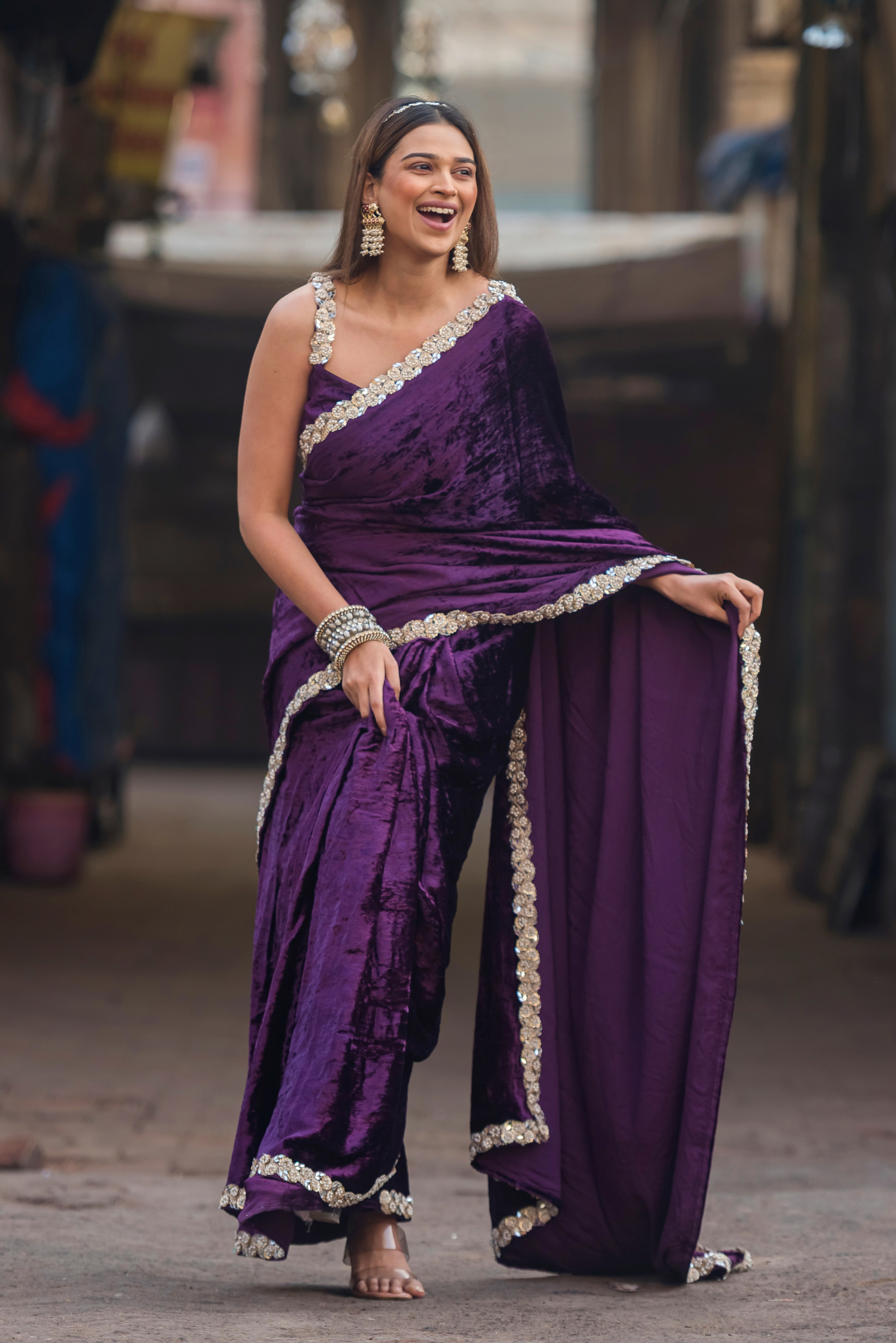 Amethyst Bloom Velvet Saree with Hand Embroidered Lace by Twam Sundara, view 6
