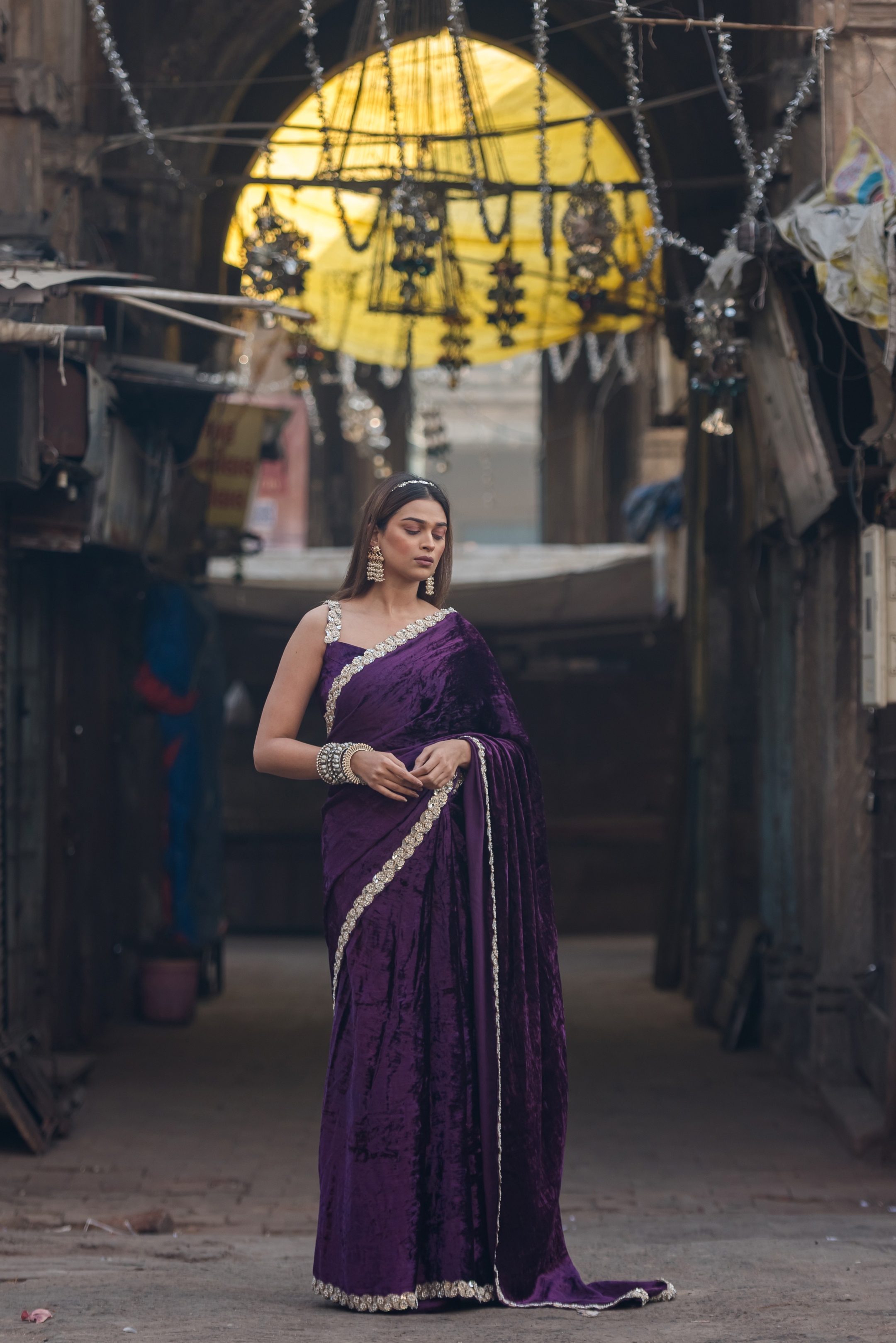 Amethyst Bloom Velvet Saree with Hand Embroidered Lace by Twam Sundara, view 11