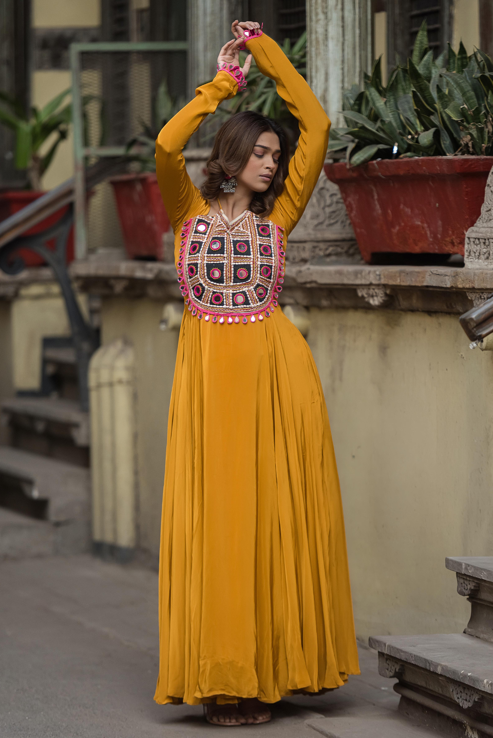 Haldi Kutch Mirror Work Anarkali Dress