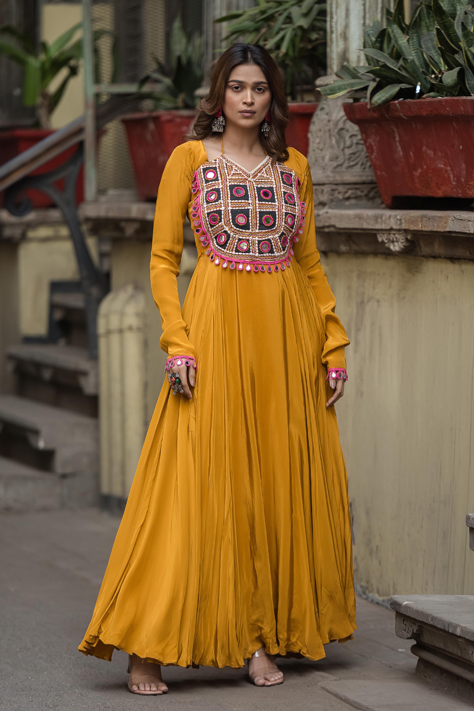 Haldi Kutch Mirror Work Anarkali Dress