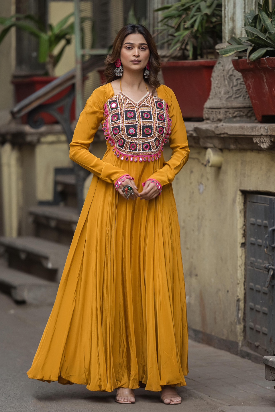 Haldi Kutch Mirror Work Anarkali Dress