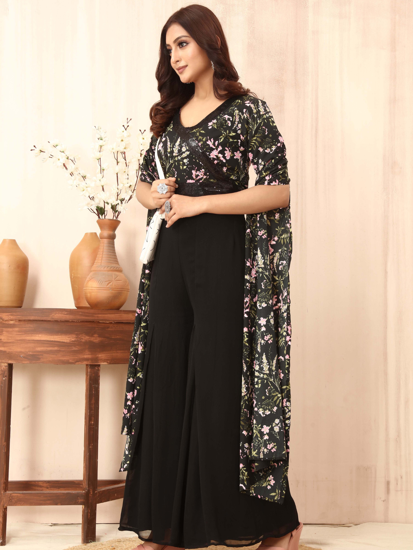 Black Floral Print Jumpsuit