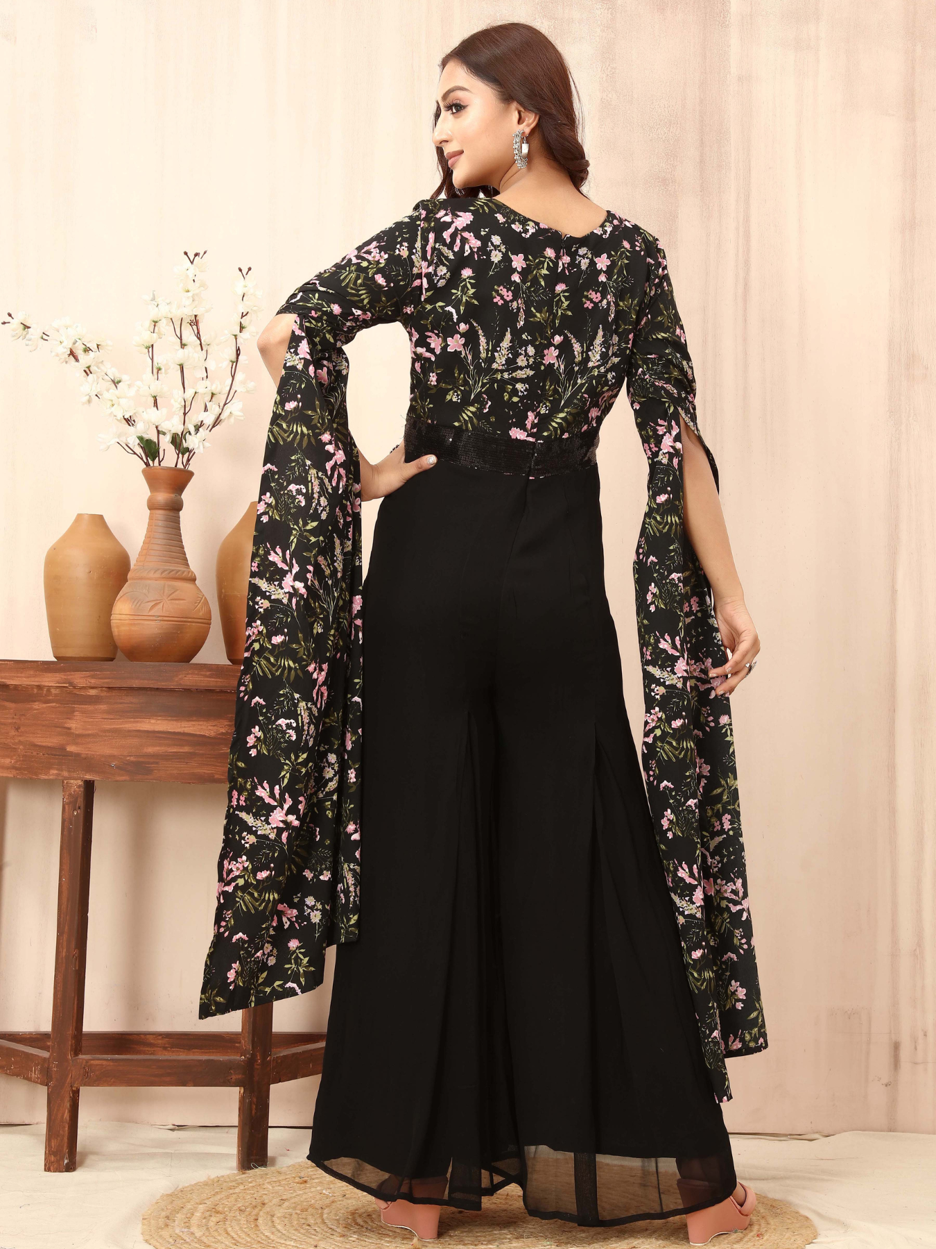 Black Floral Print Jumpsuit