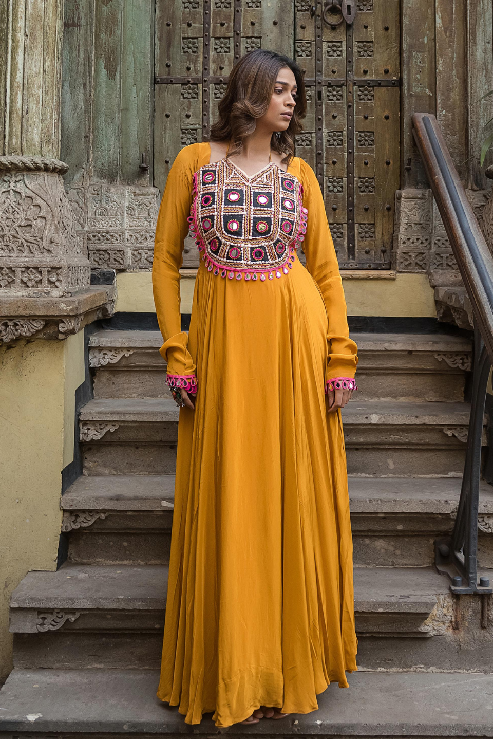 Haldi Kutch Mirror Work Anarkali Dress