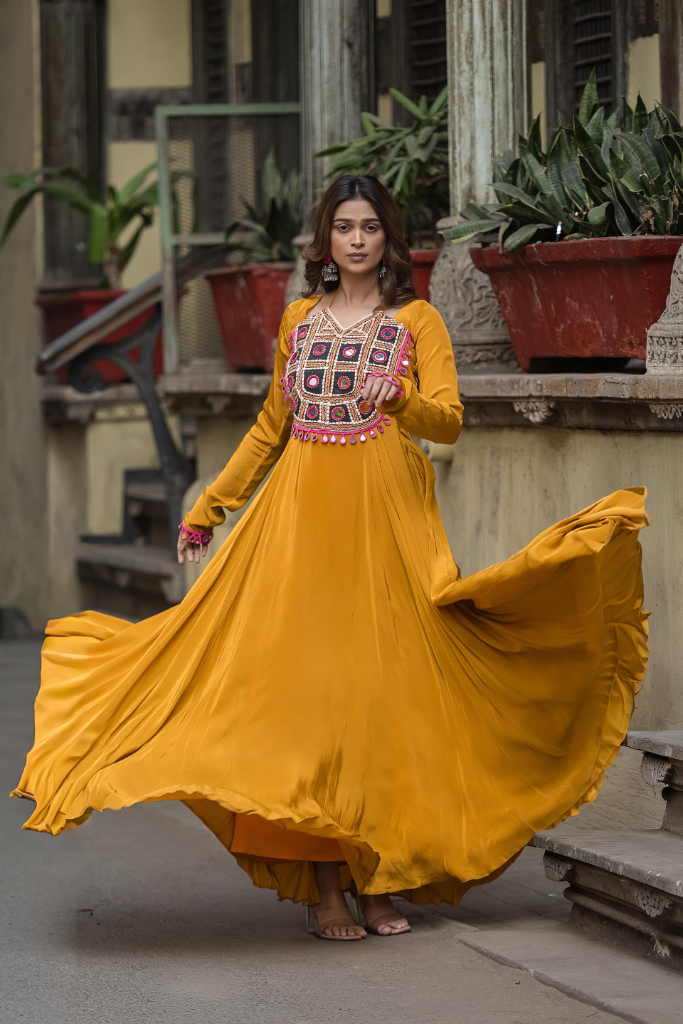 Haldi Kutch Mirror Work Anarkali Dress