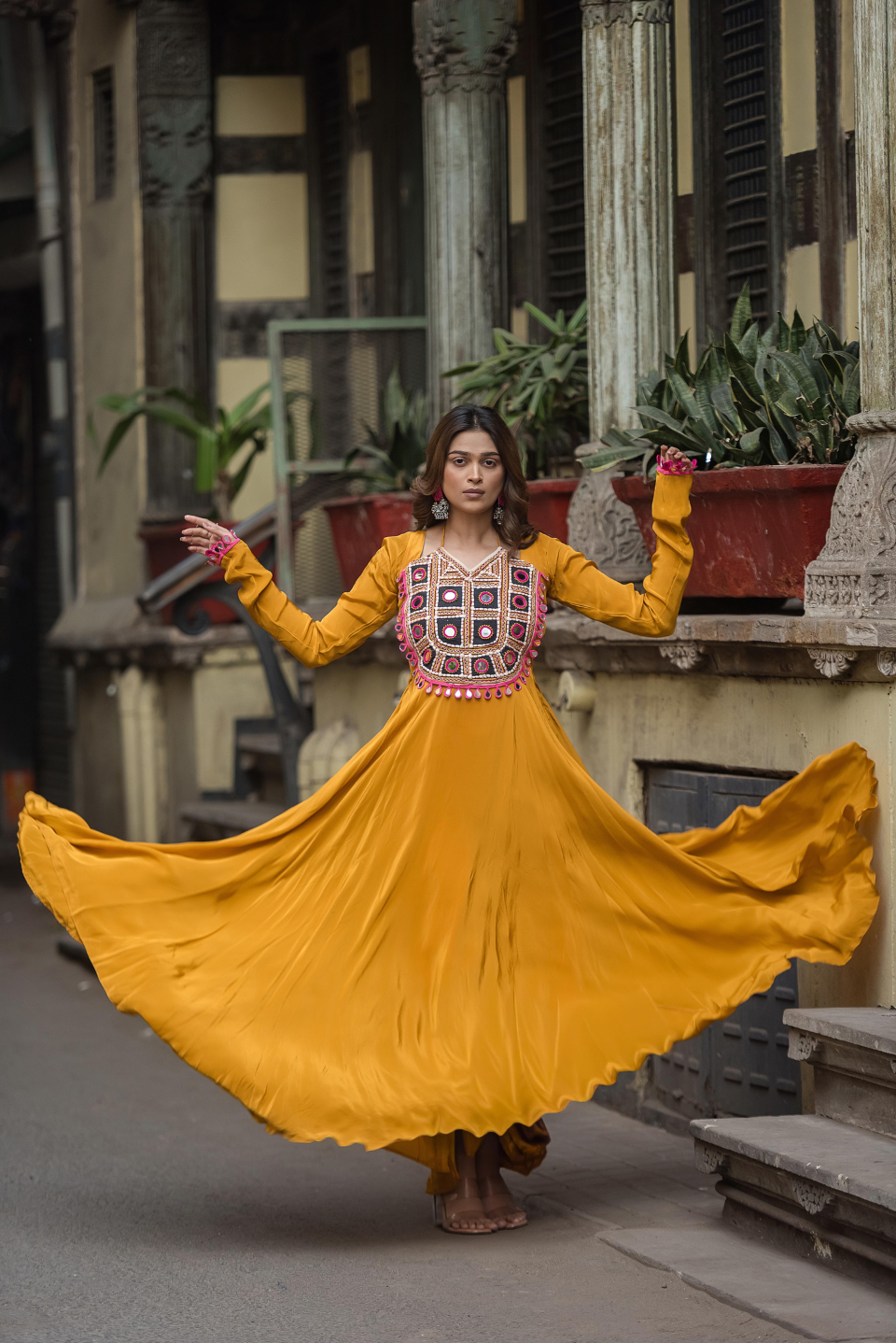 Haldi Kutch Mirror Work Anarkali Dress