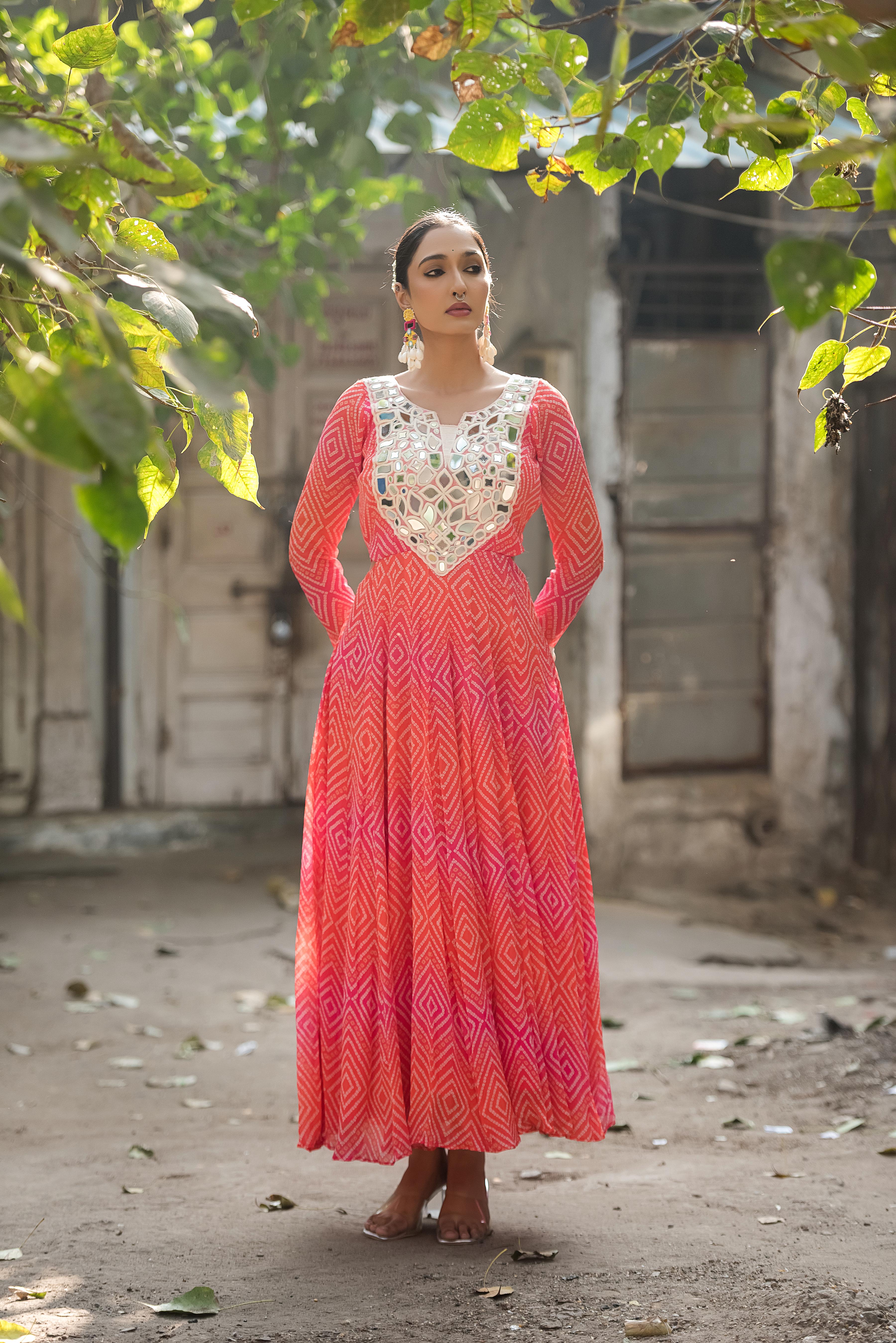 Gulnaar Bandhani Mirror Work Flare Dress