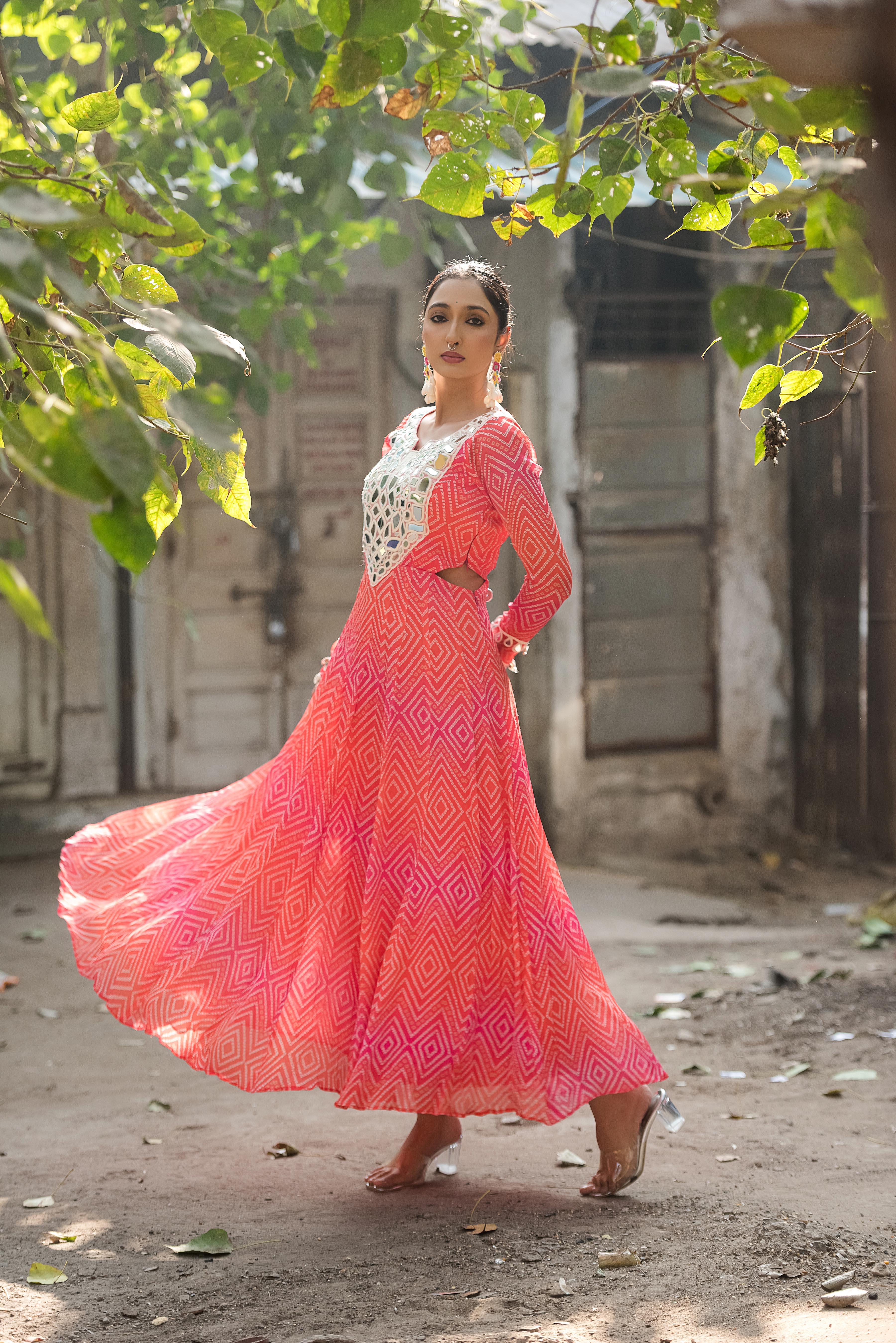 Gulnaar Bandhani Mirror Work Flare Dress
