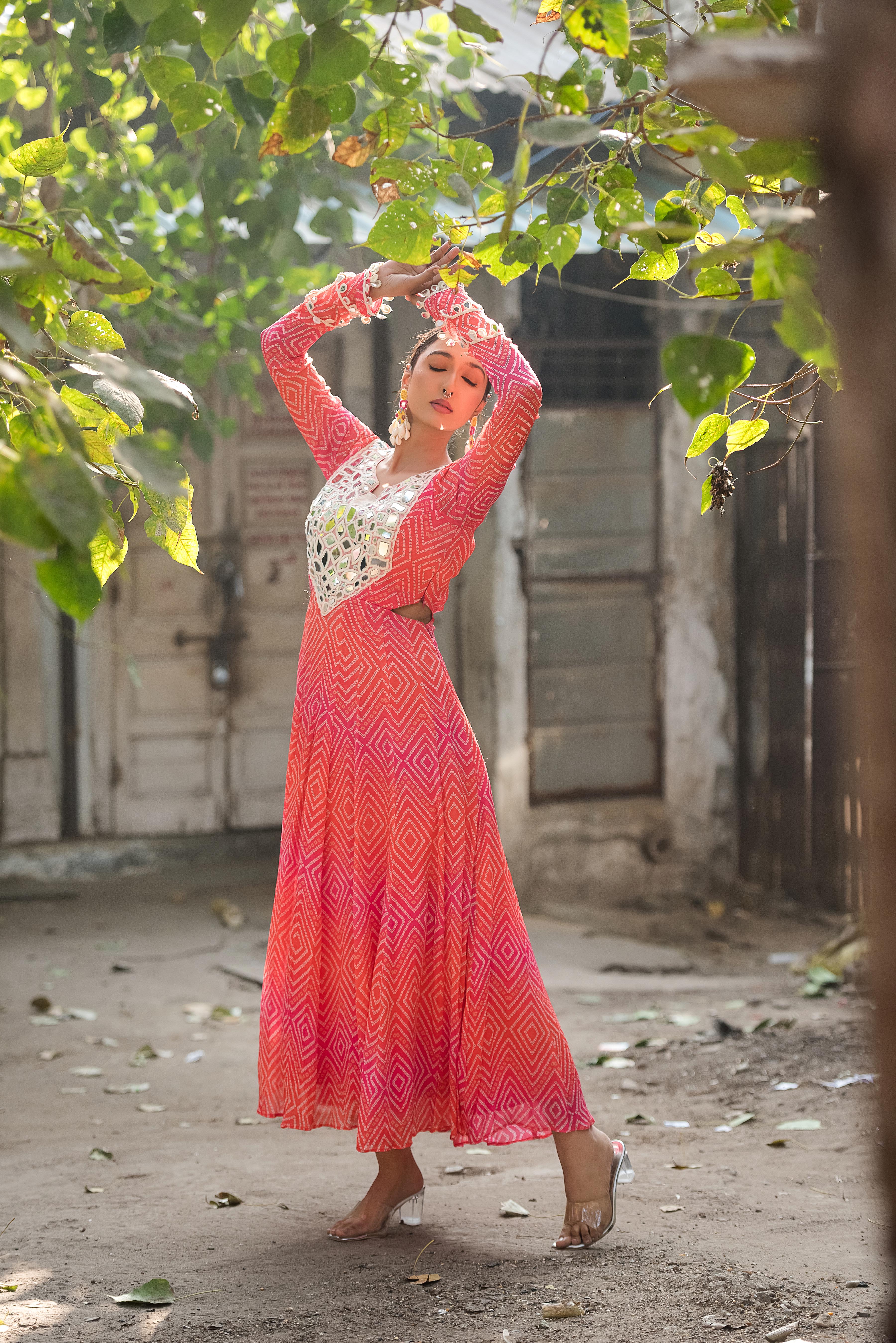 Gulnaar Bandhani Mirror Work Flare Dress