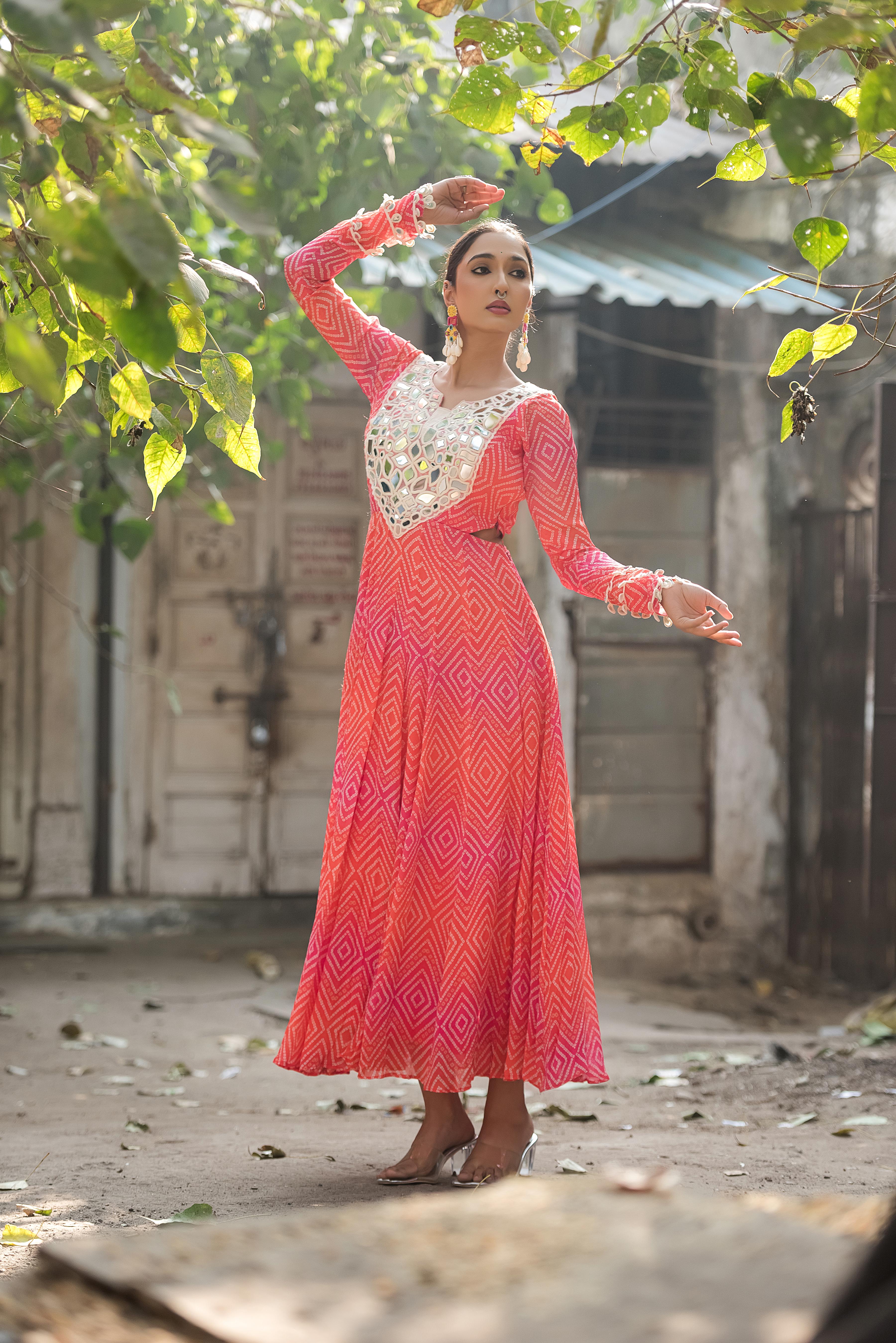 Gulnaar Bandhani Mirror Work Flare Dress