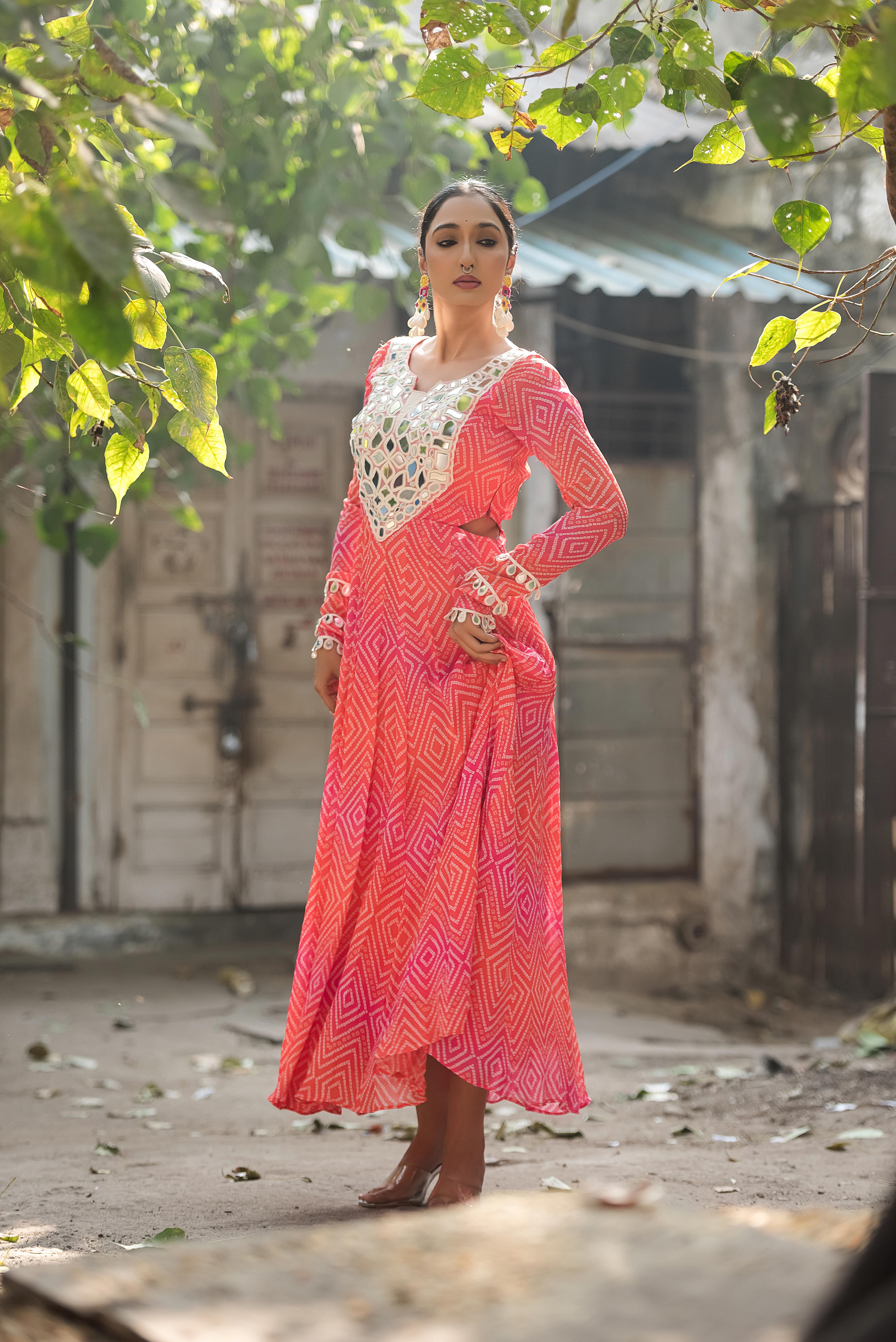 Gulnaar Bandhani Mirror Work Flare Dress