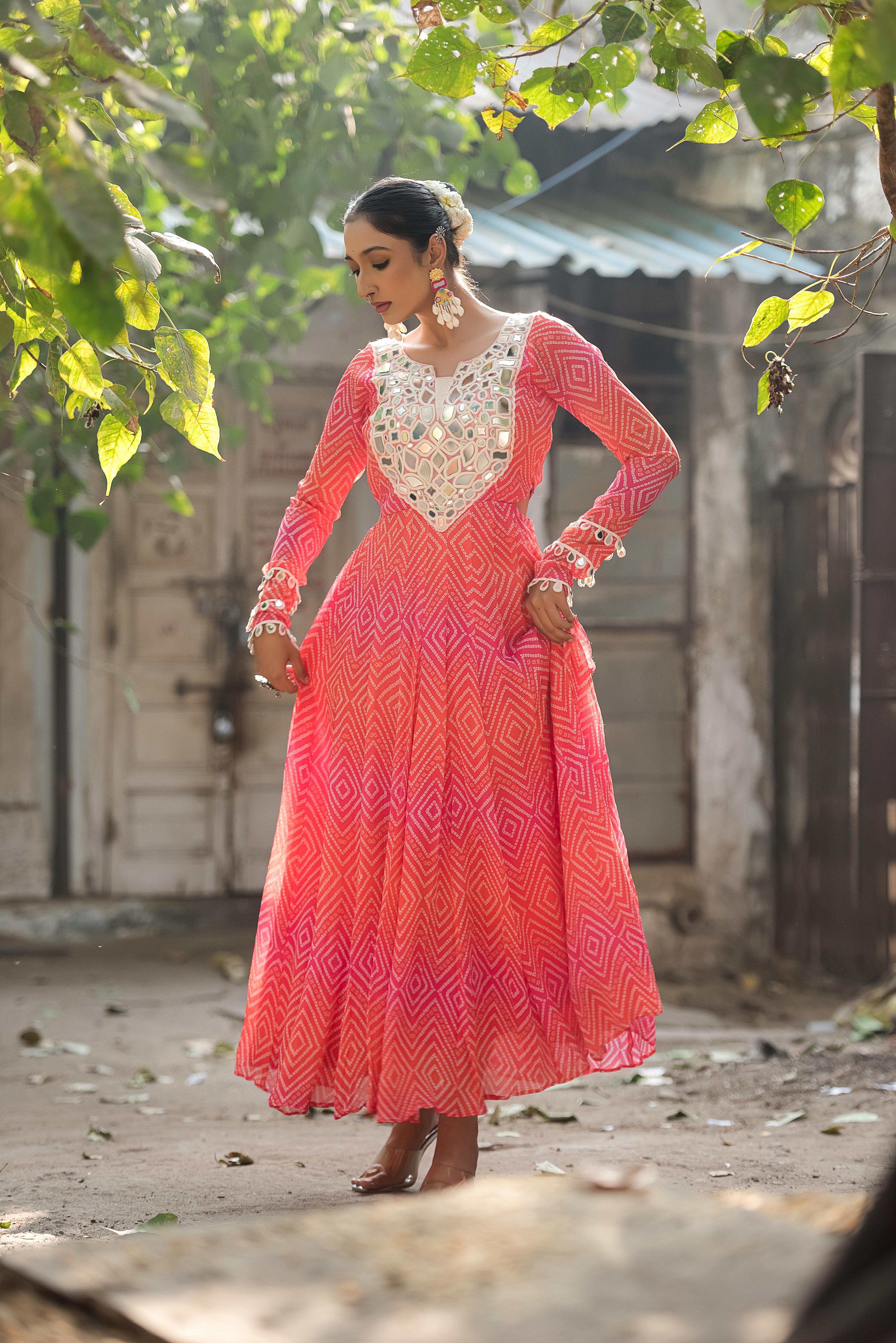 Gulnaar Bandhani Mirror Work Flare Dress