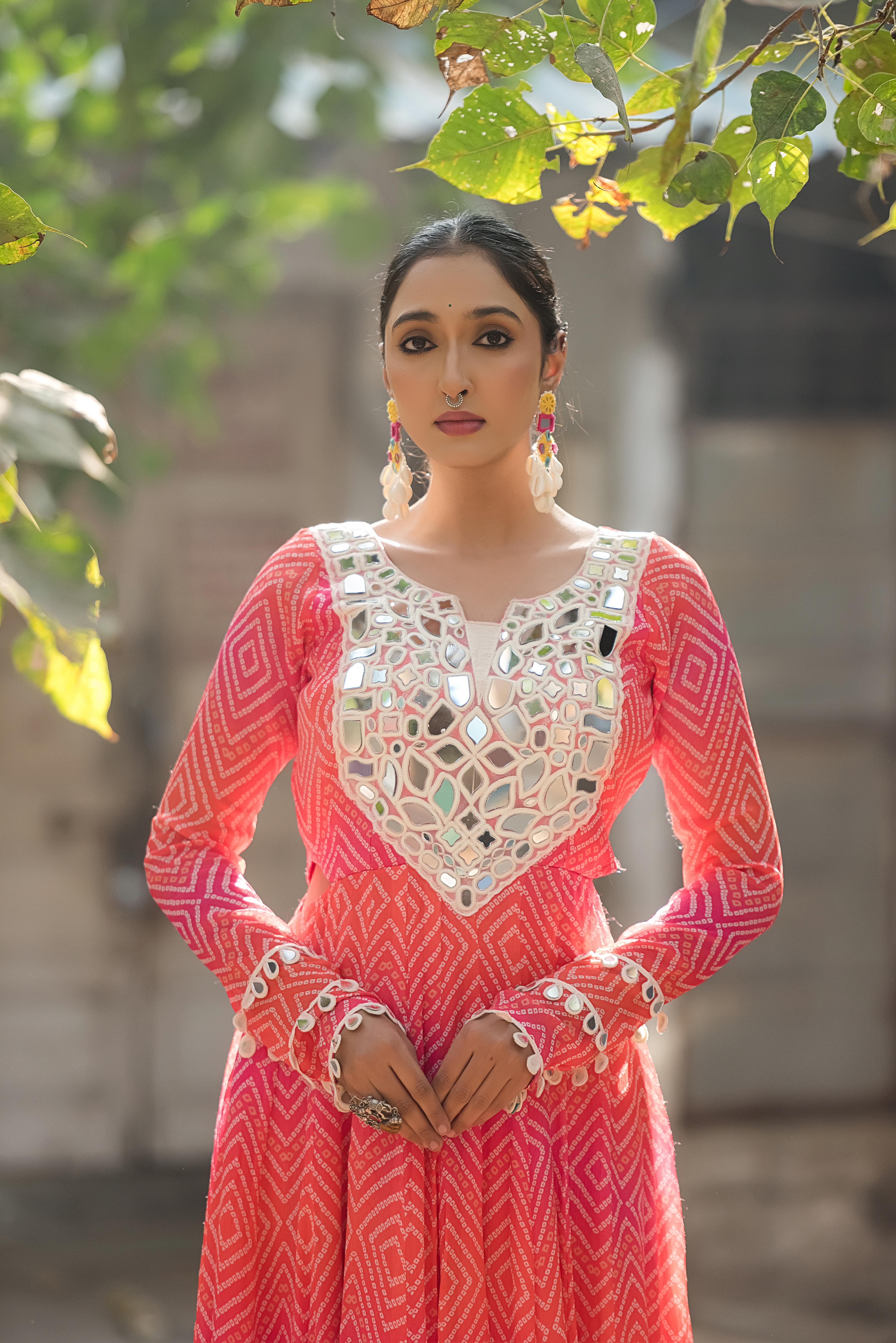Gulnaar Bandhani Mirror Work Flare Dress
