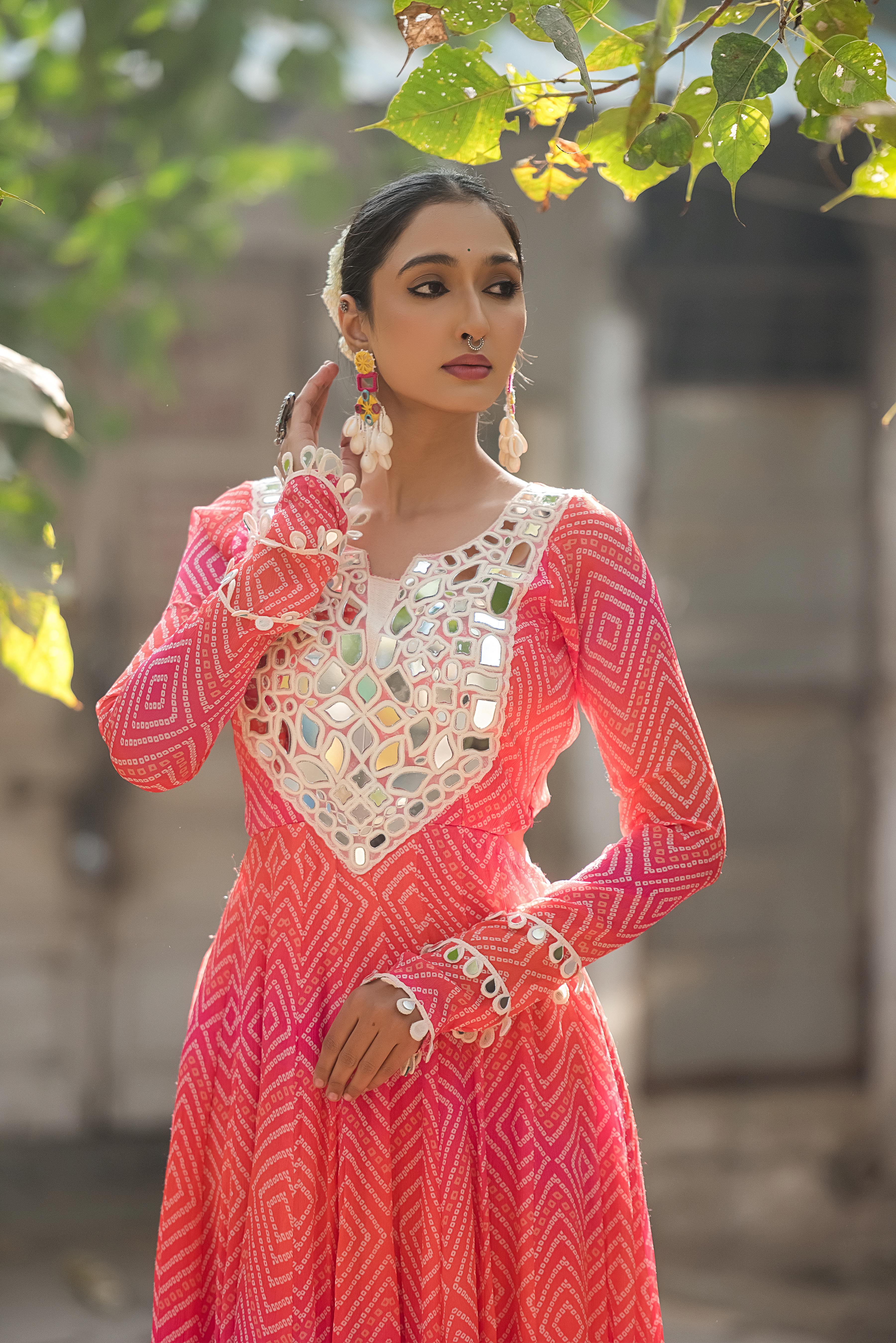 Gulnaar Bandhani Mirror Work Flare Dress