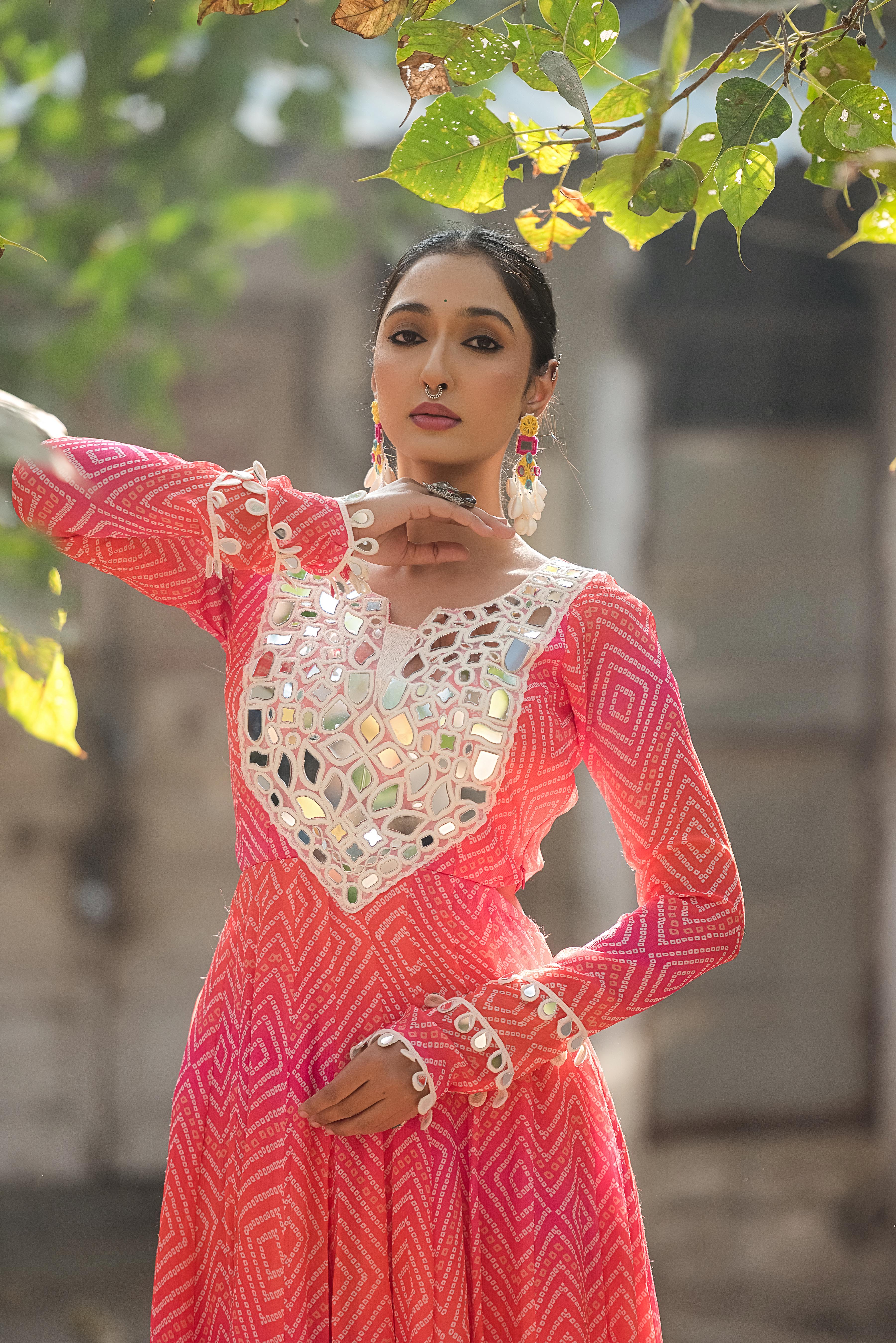 Gulnaar Bandhani Mirror Work Flare Dress