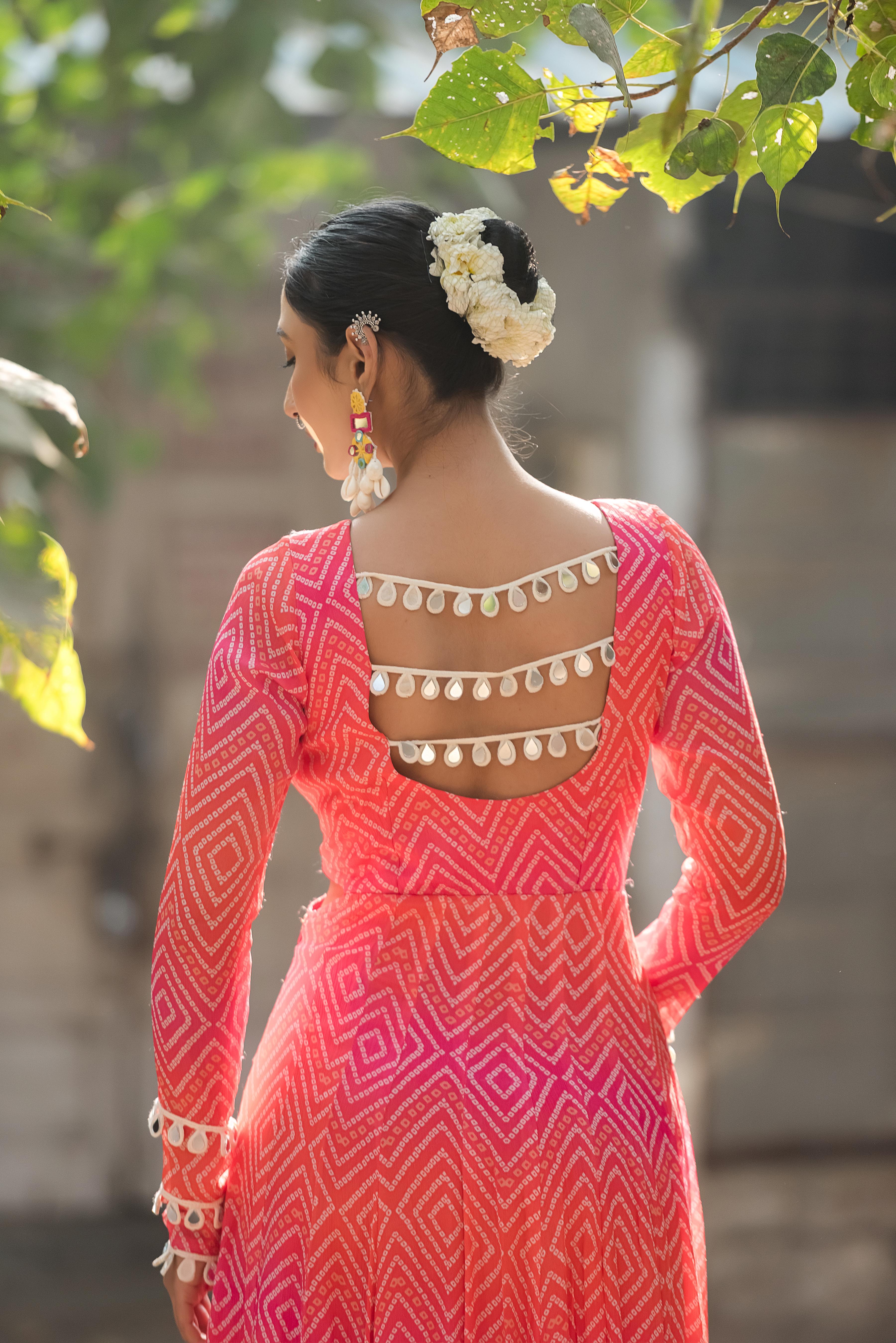 Gulnaar Bandhani Mirror Work Flare Dress