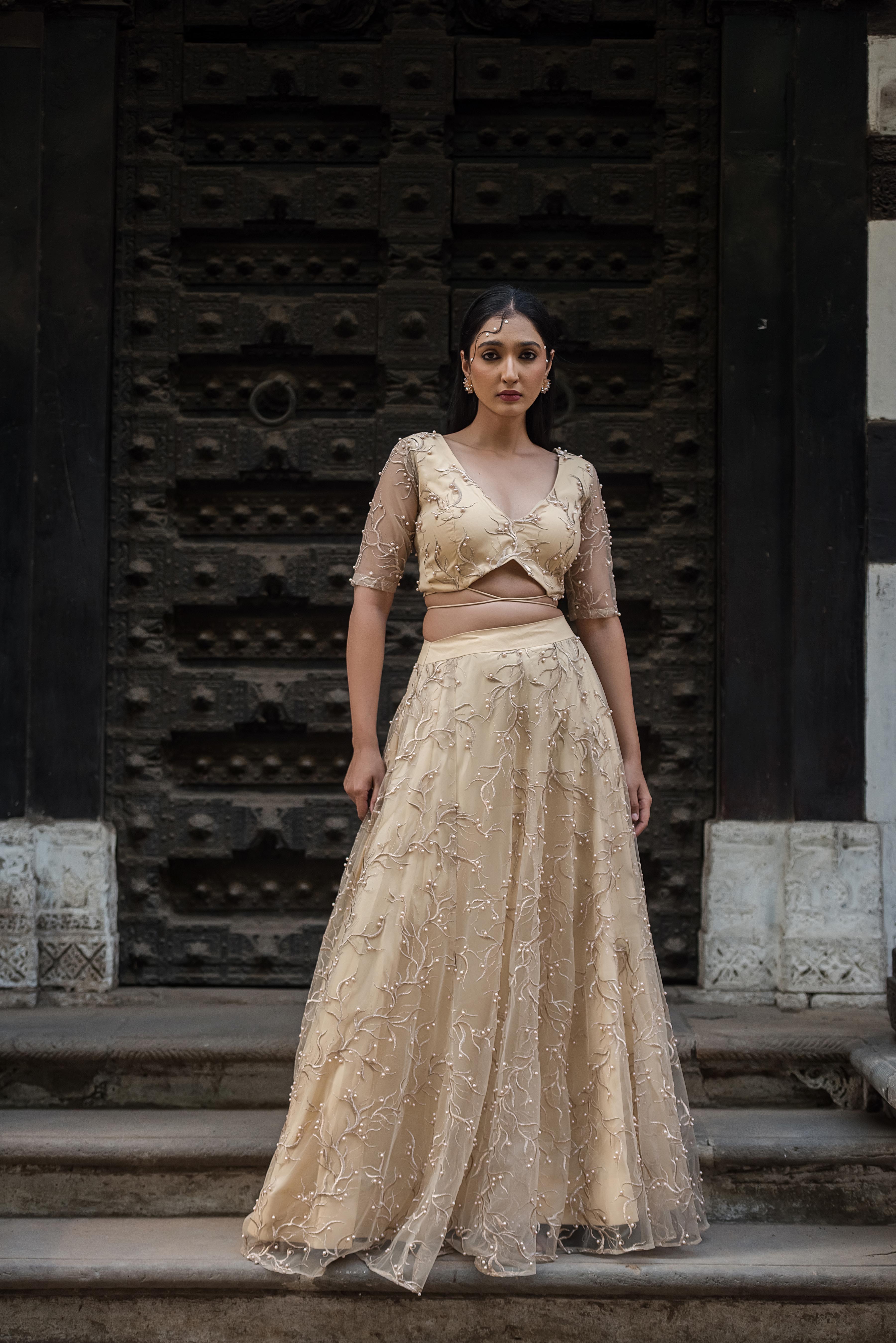 Aurelia Champagne Pearl Embroidered Lehenga Set