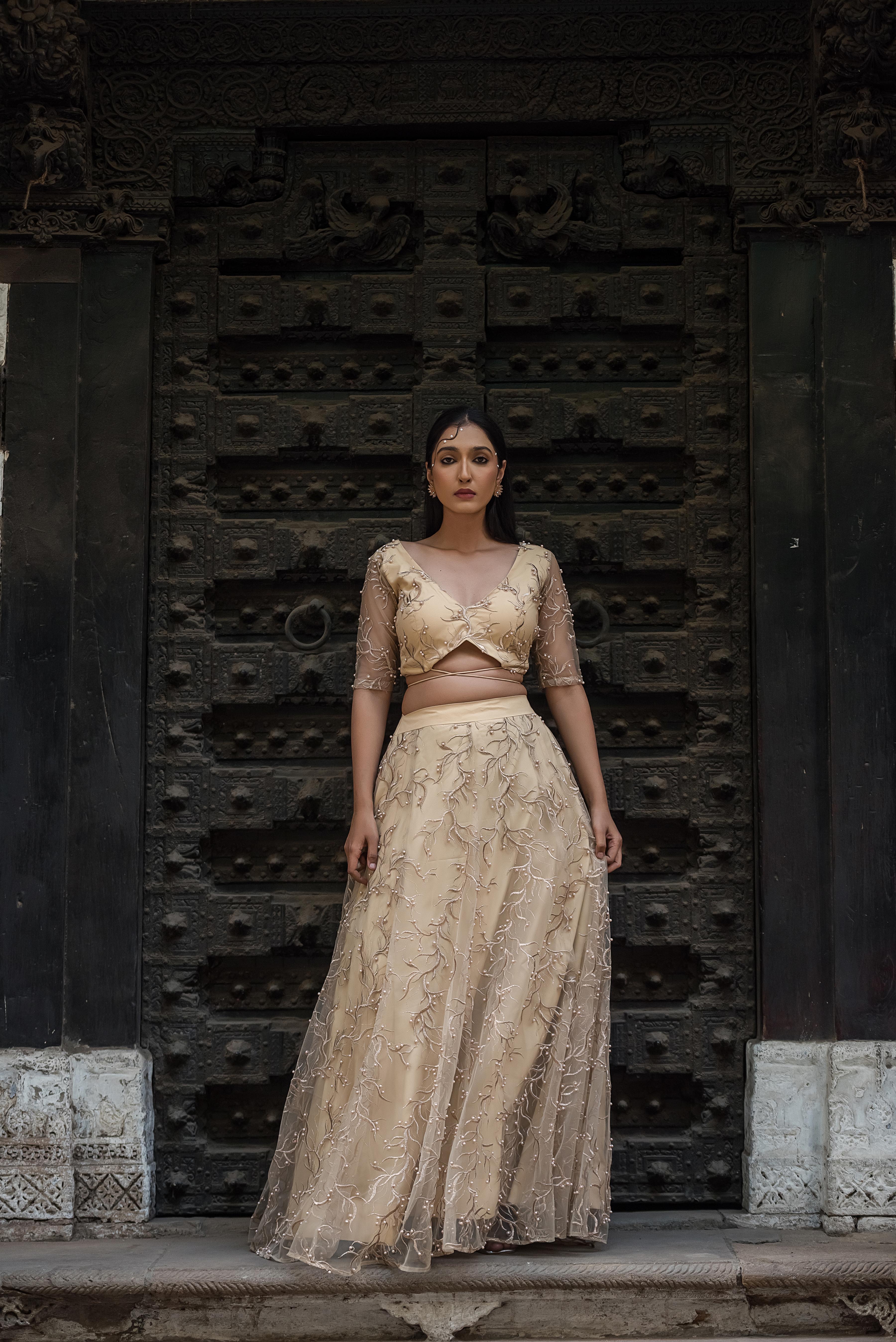 Aurelia Champagne Pearl Embroidered Lehenga Set