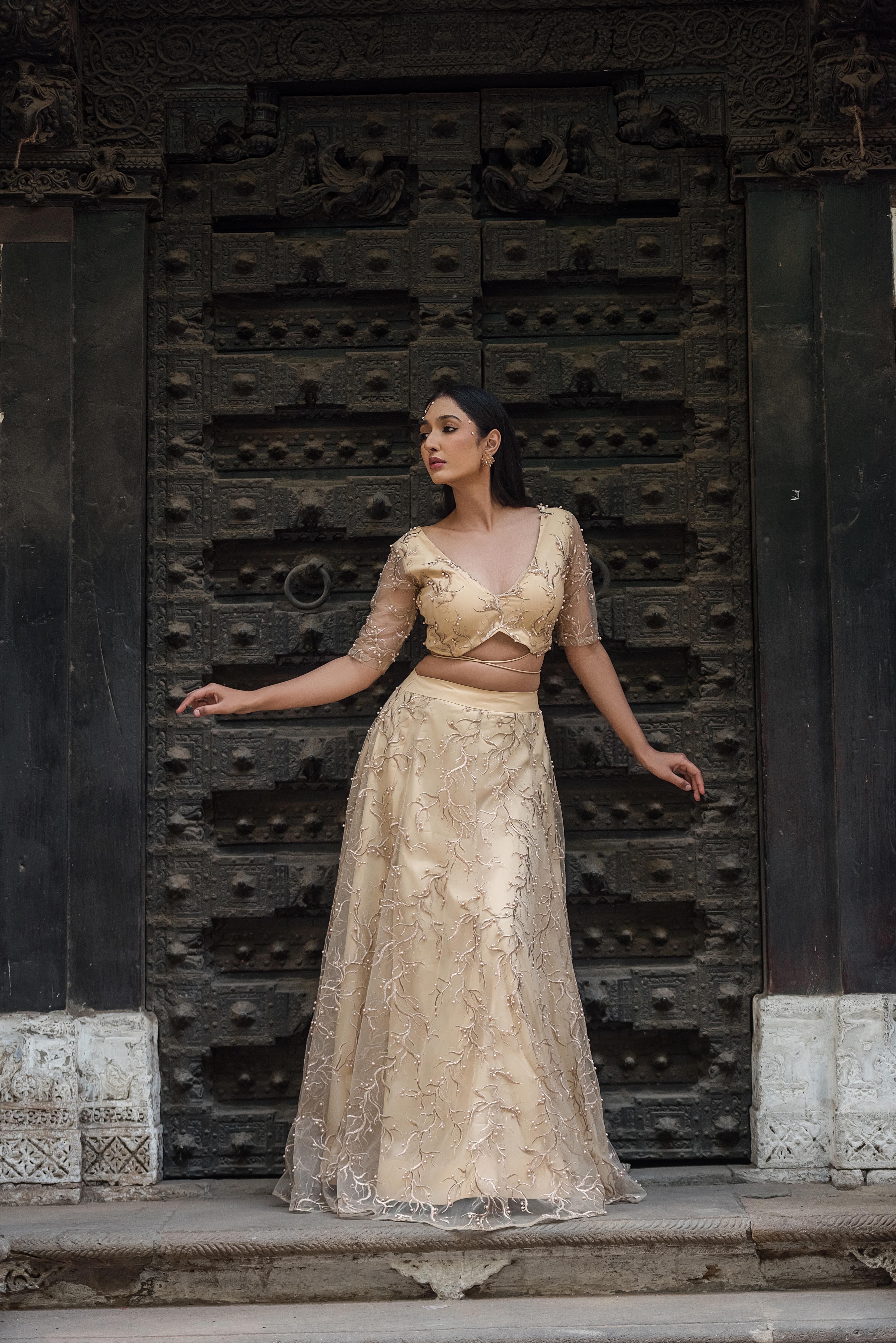 Aurelia Champagne Pearl Embroidered Lehenga Set