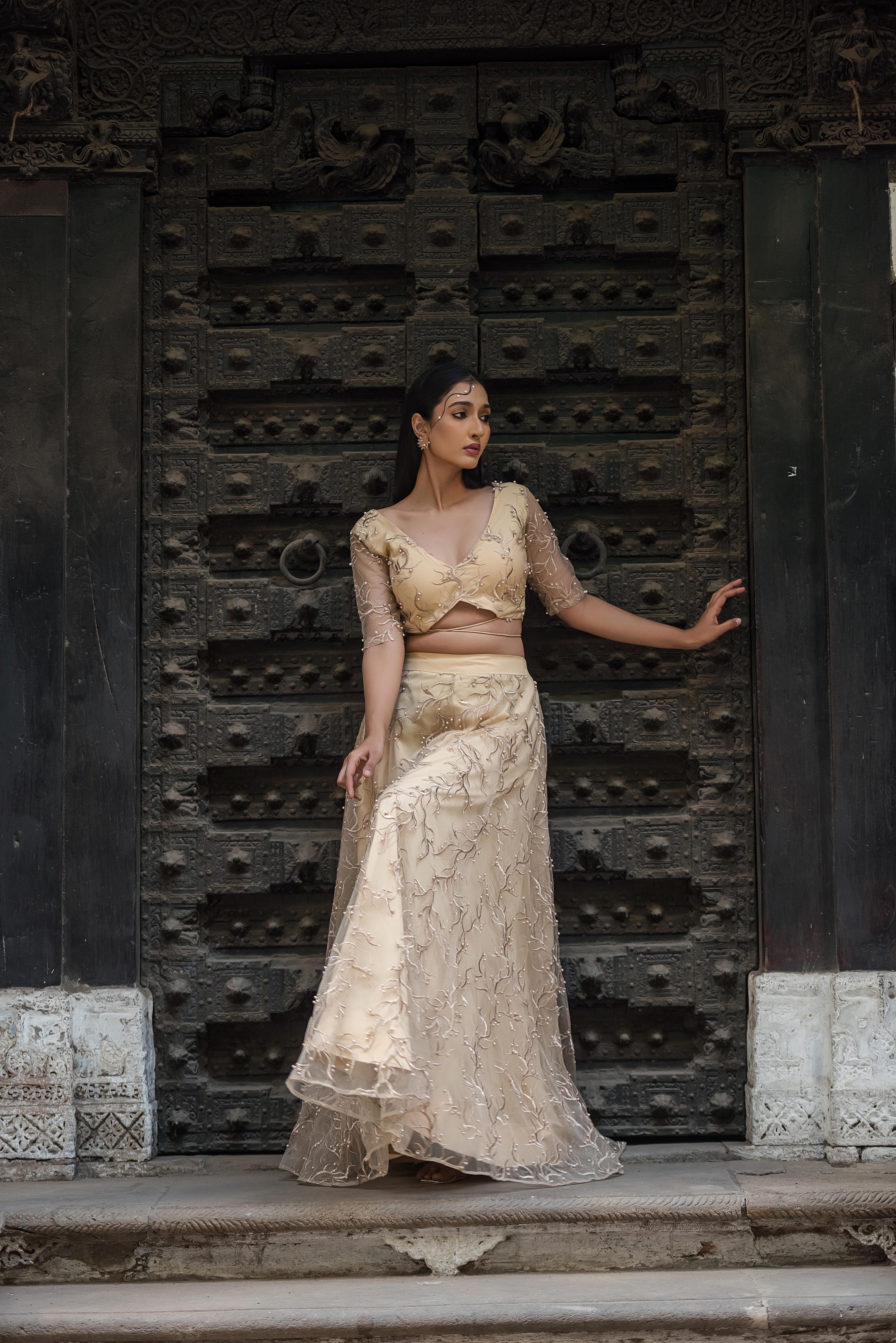 Aurelia Champagne Pearl Embroidered Lehenga Set